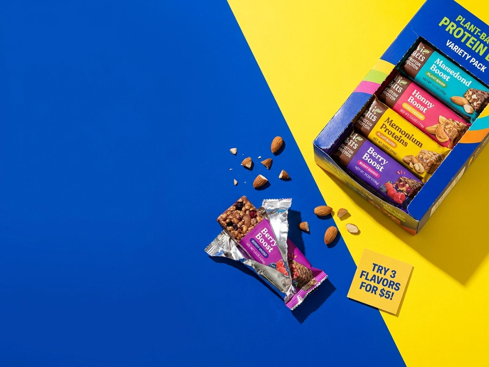 Plant-based protein bar ad creative with bold color surface and open message area