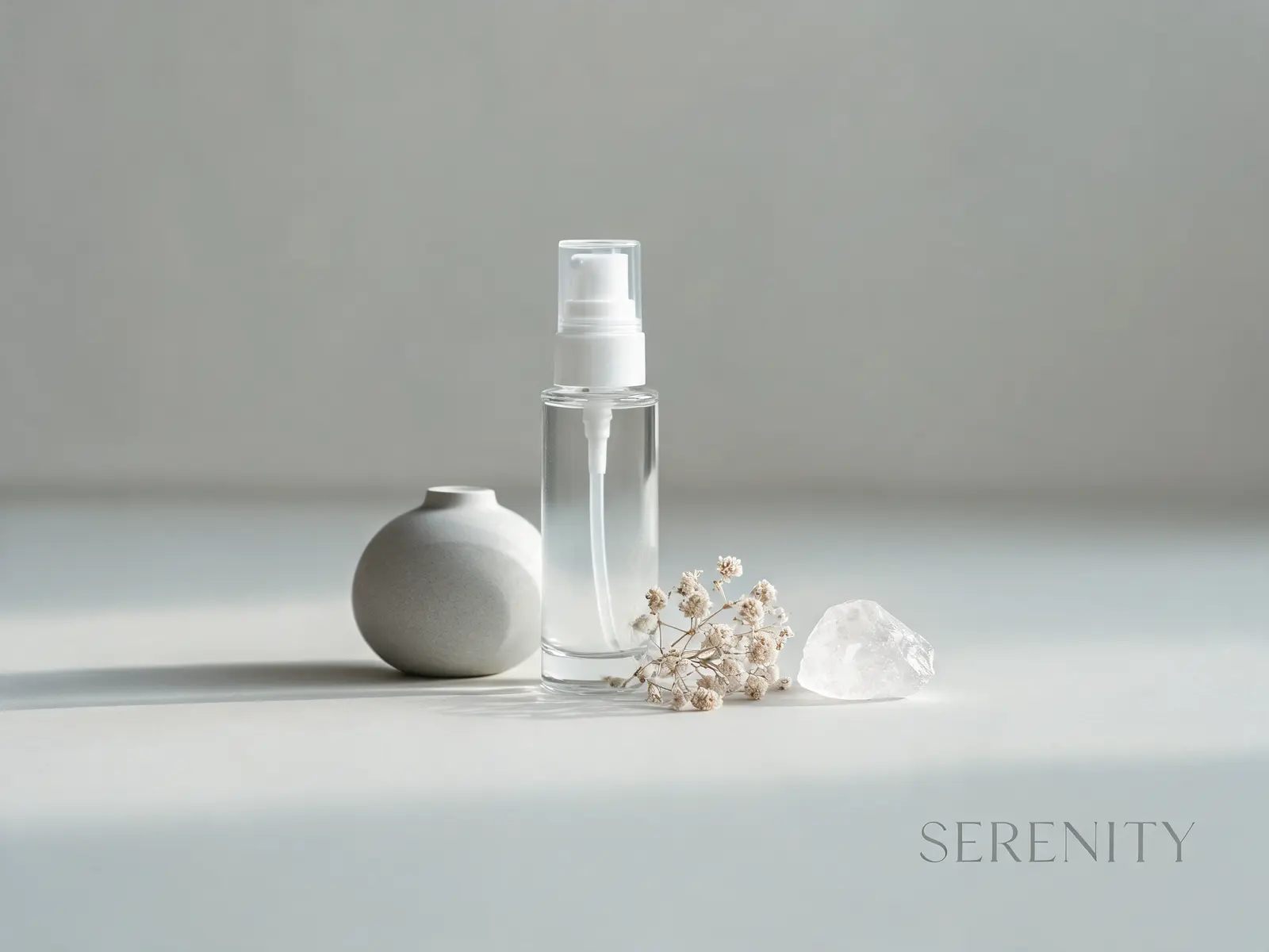 Skincare product ad layout with cool studio light and clear headline space for paid social