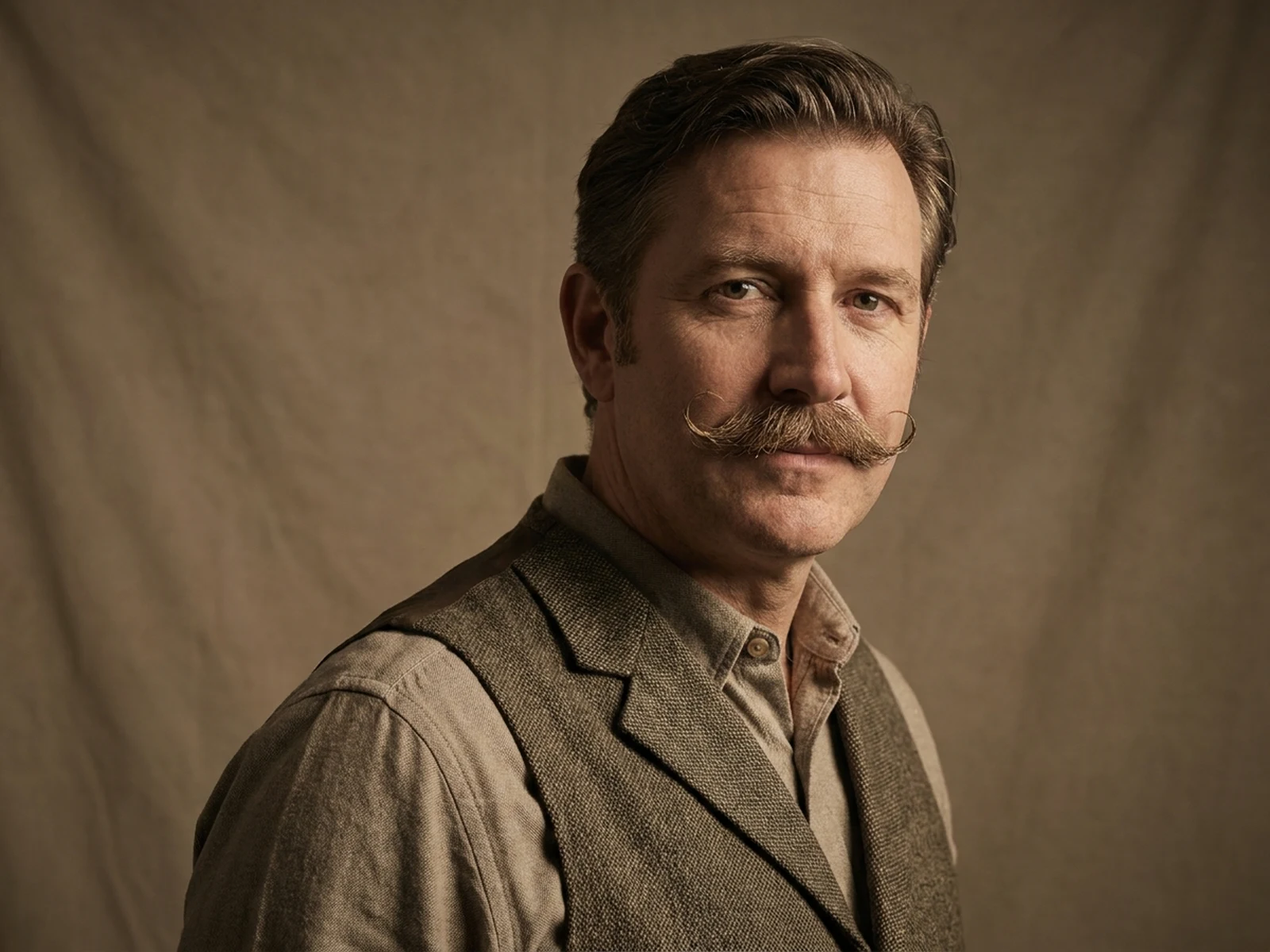 Adult costume portrait with a carefully curled handlebar moustache