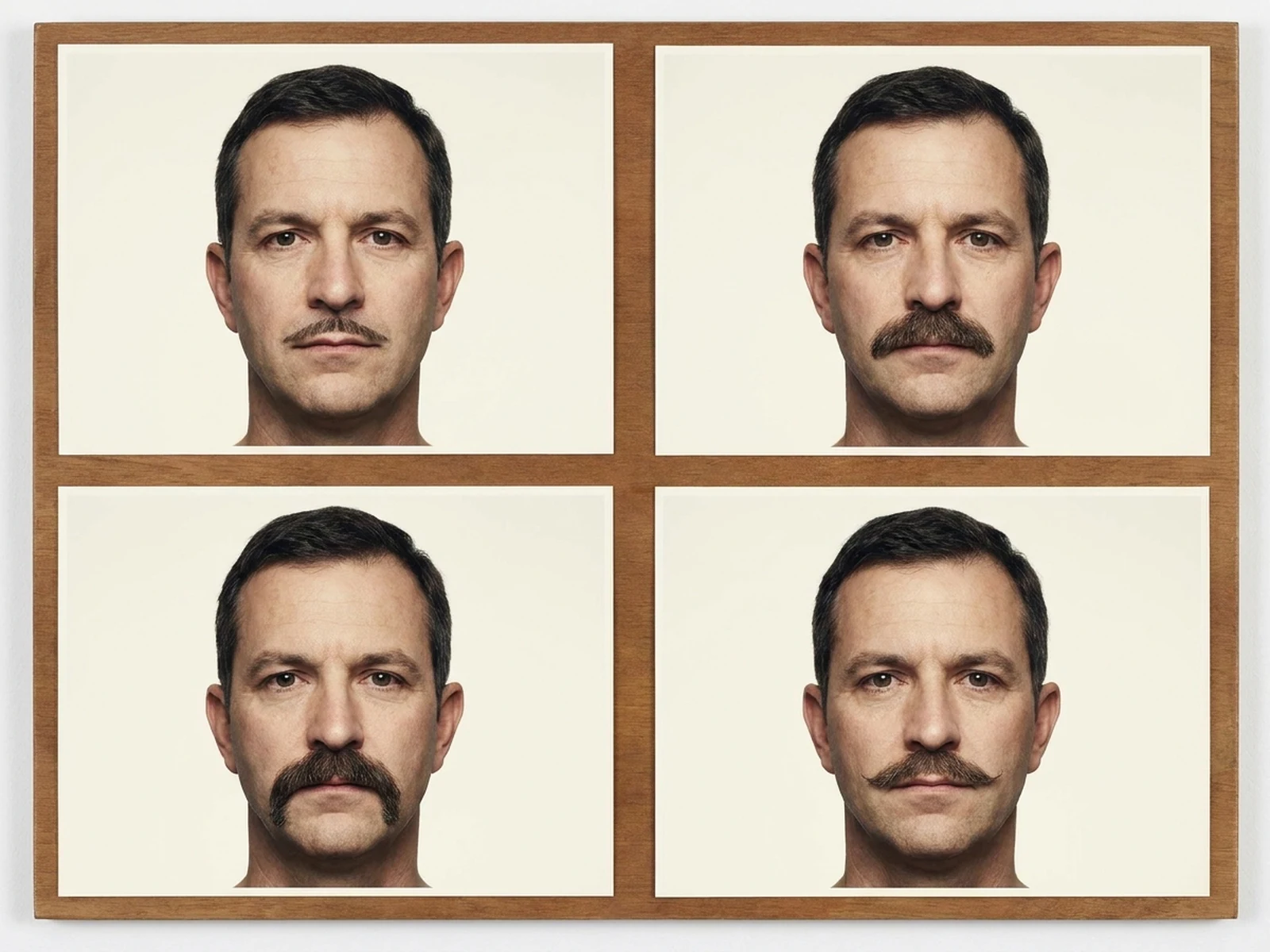 Four moustache style previews on one consistent adult portrait comparison board