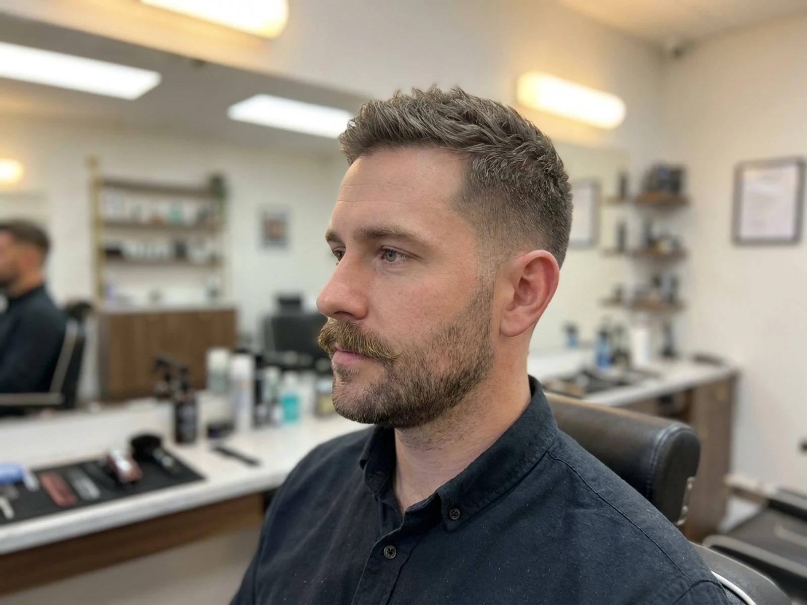 Adult side-profile barber reference with a short neatly trimmed moustache