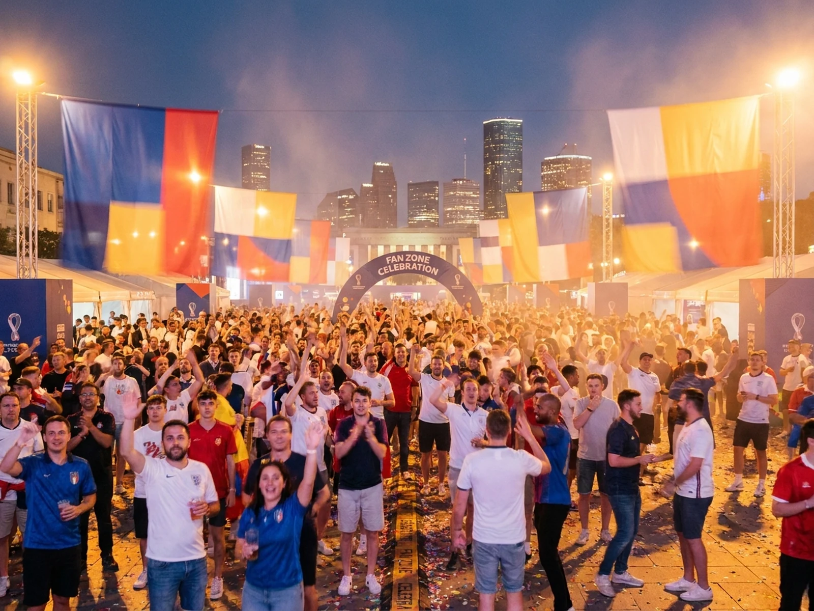 AI 2026 WorldCup generator example showing city fan zone celebration with skyline lights