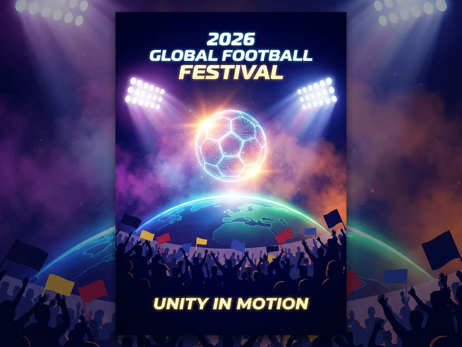 Generic 2026 world football tournament fan poster with stadium lights, match ball, and global celebration energy