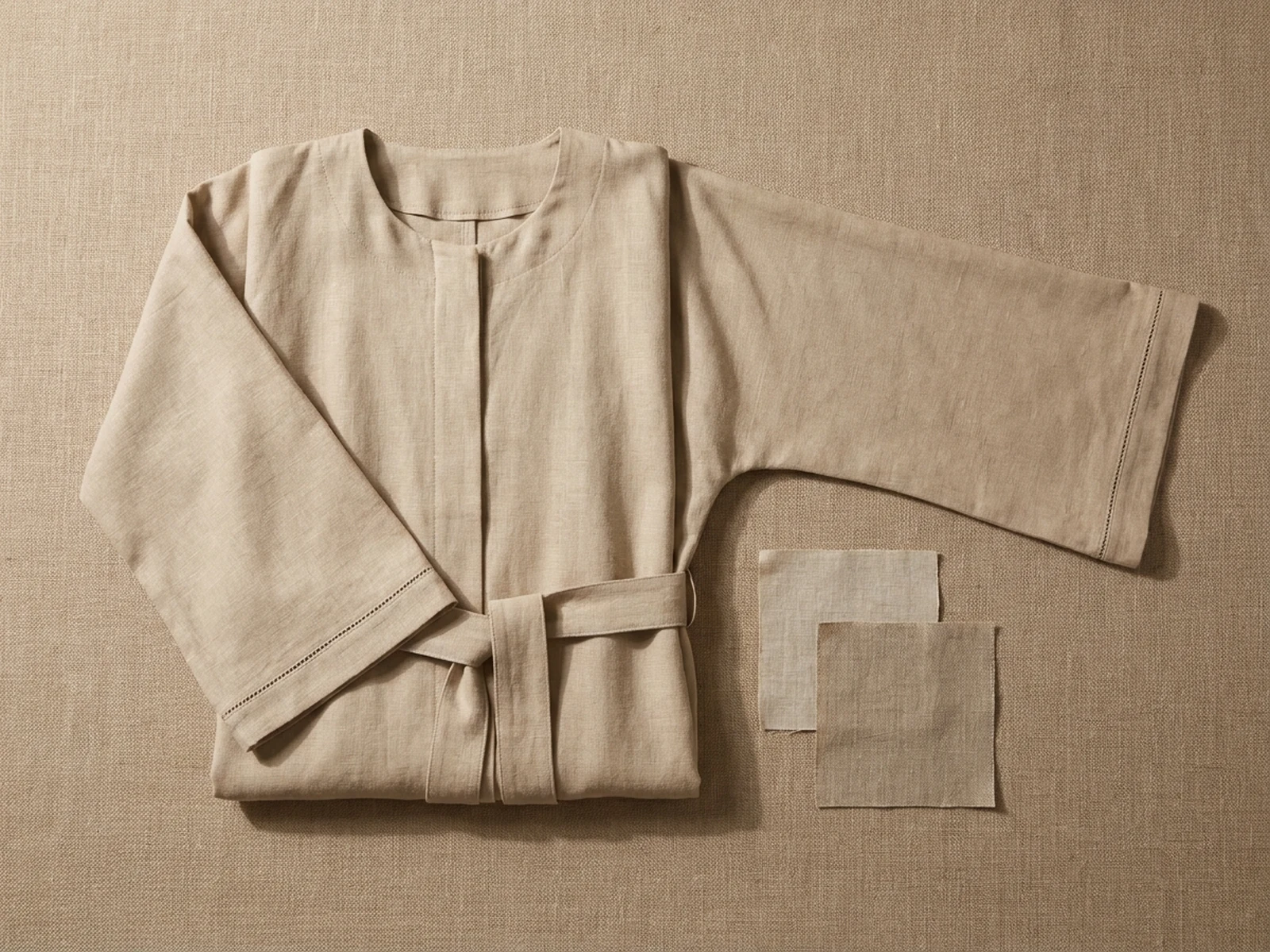 Sand-colored linen abaya flat lay with fabric swatches