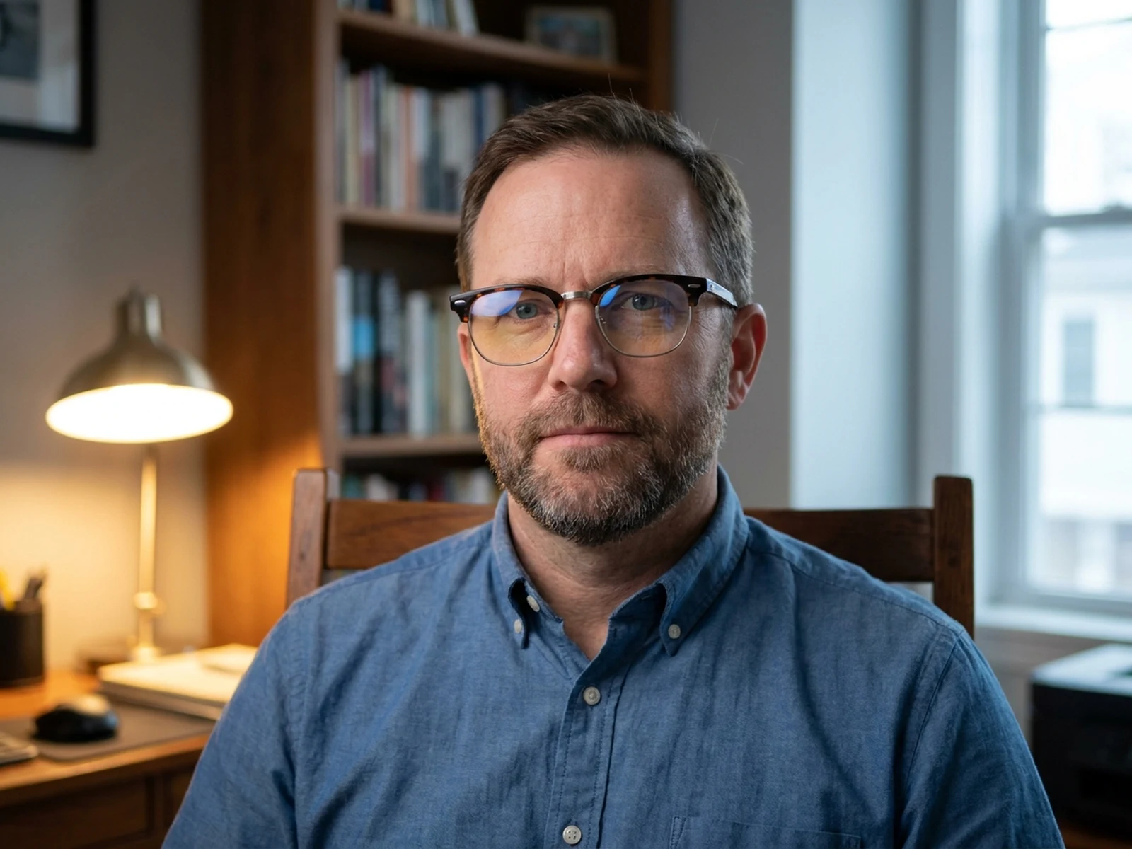 Authorized seated portrait with classic browline glasses