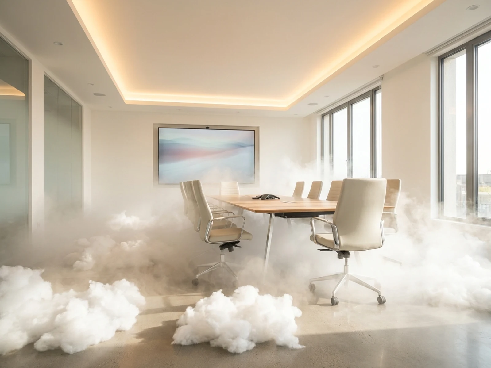 Harmless surreal meeting room filled with soft theatrical clouds