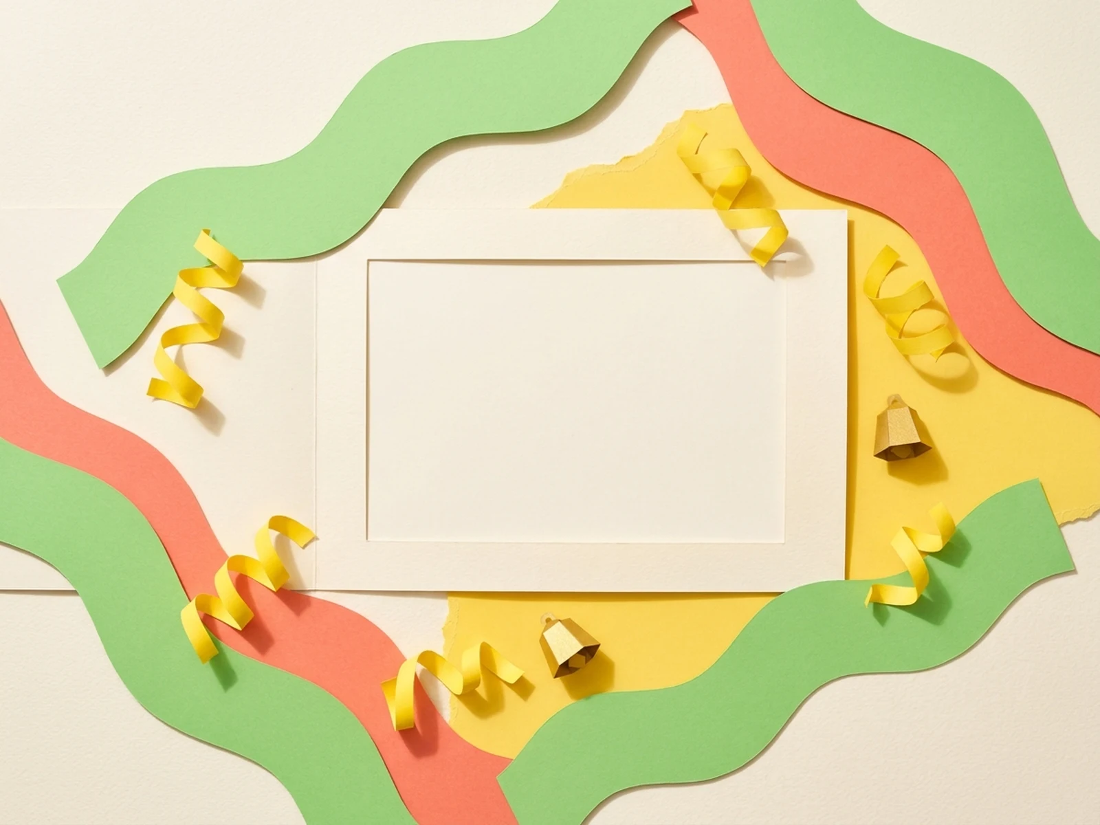 Colorful blank April Fools reveal card with layered paper shapes
