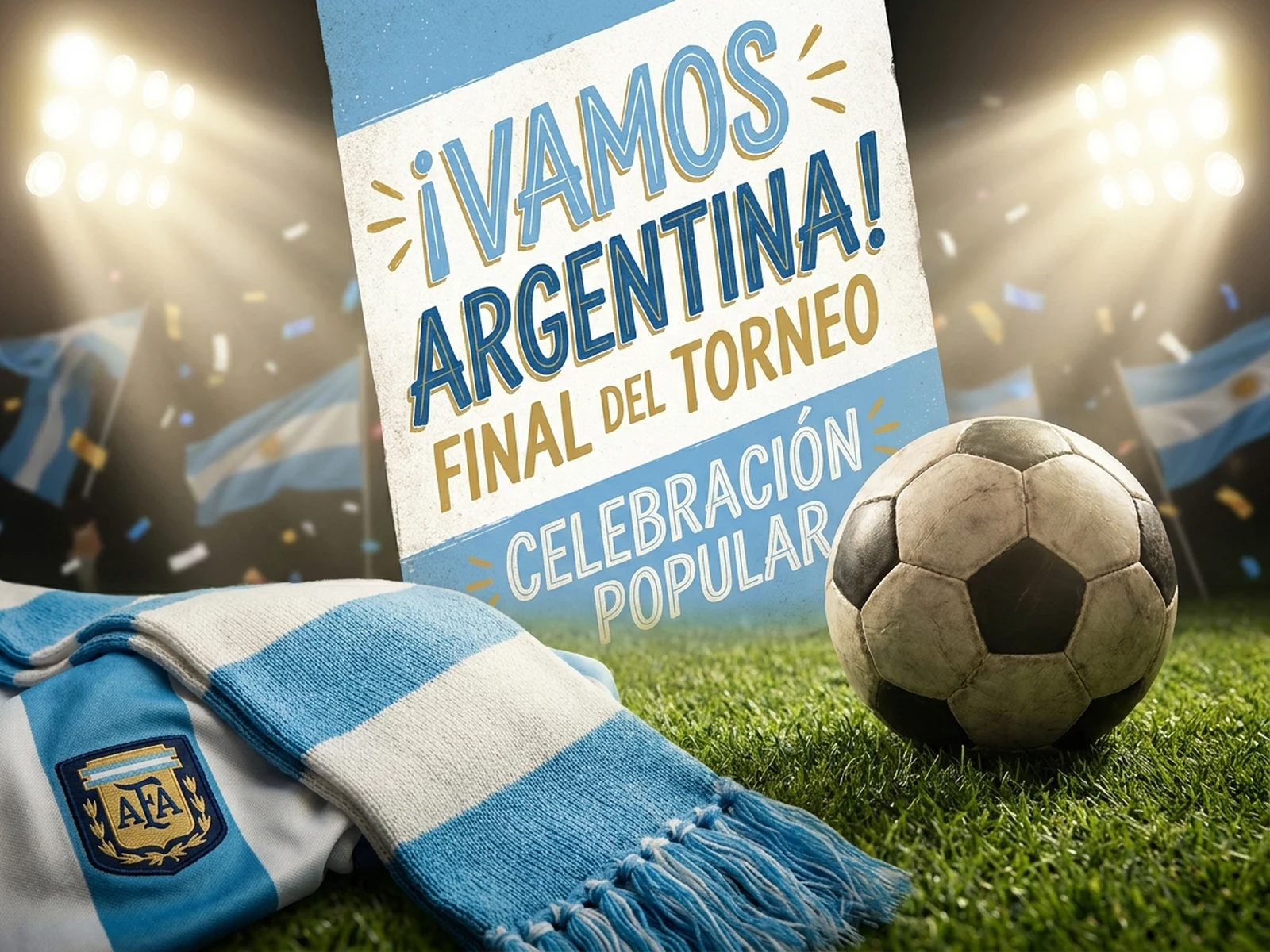 AI Argentine football generator example showing matchday fan poster with scarf, jersey colors, and stadium grass