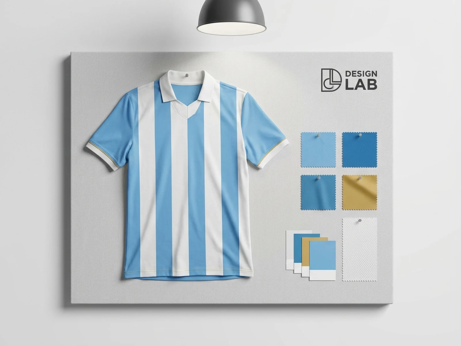 AI Argentine football generator example showing sky blue striped jersey concept board and fabric swatches