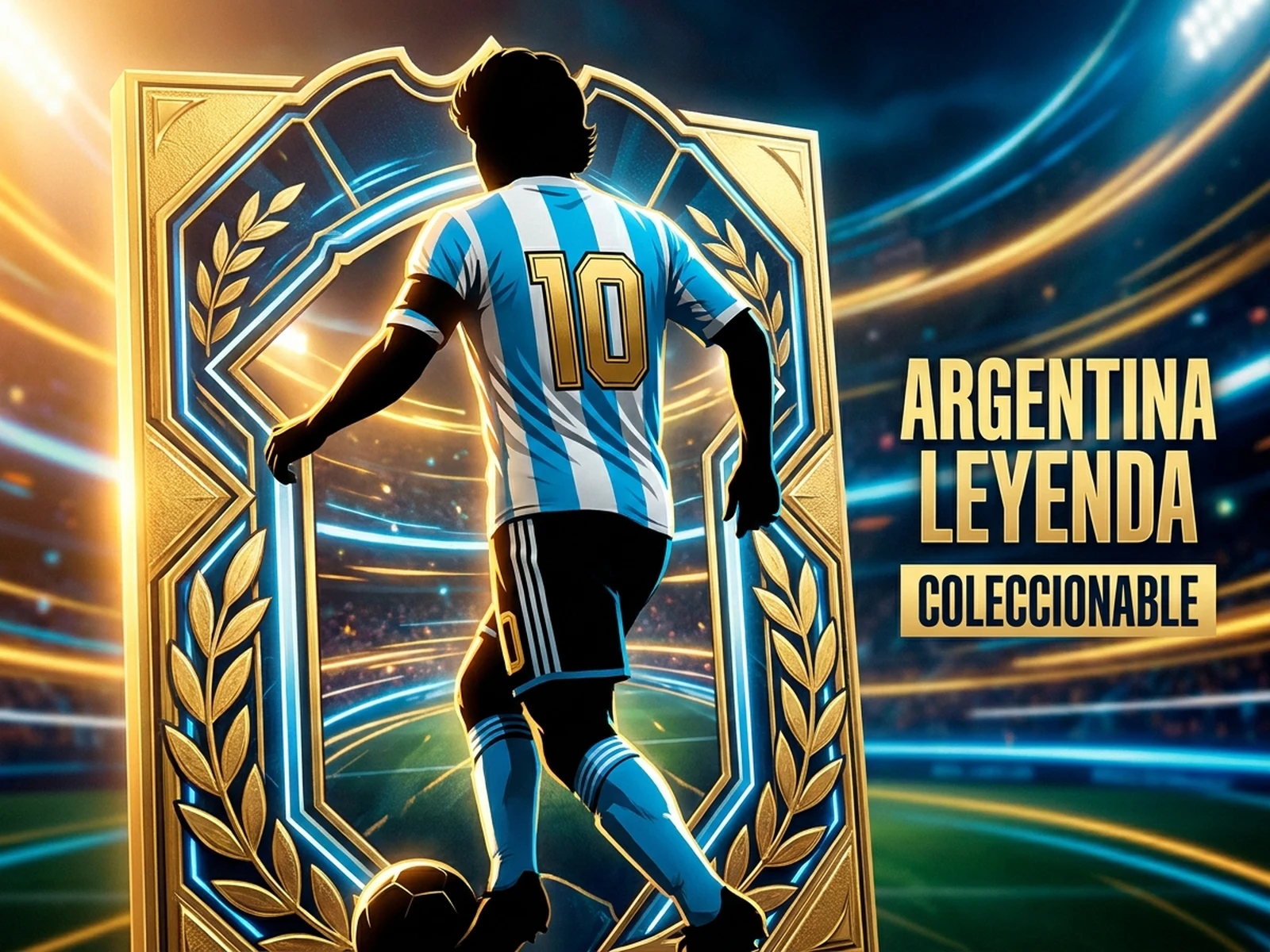 AI Argentine football generator example showing fictional player-card visual with sky blue kit and stadium glow