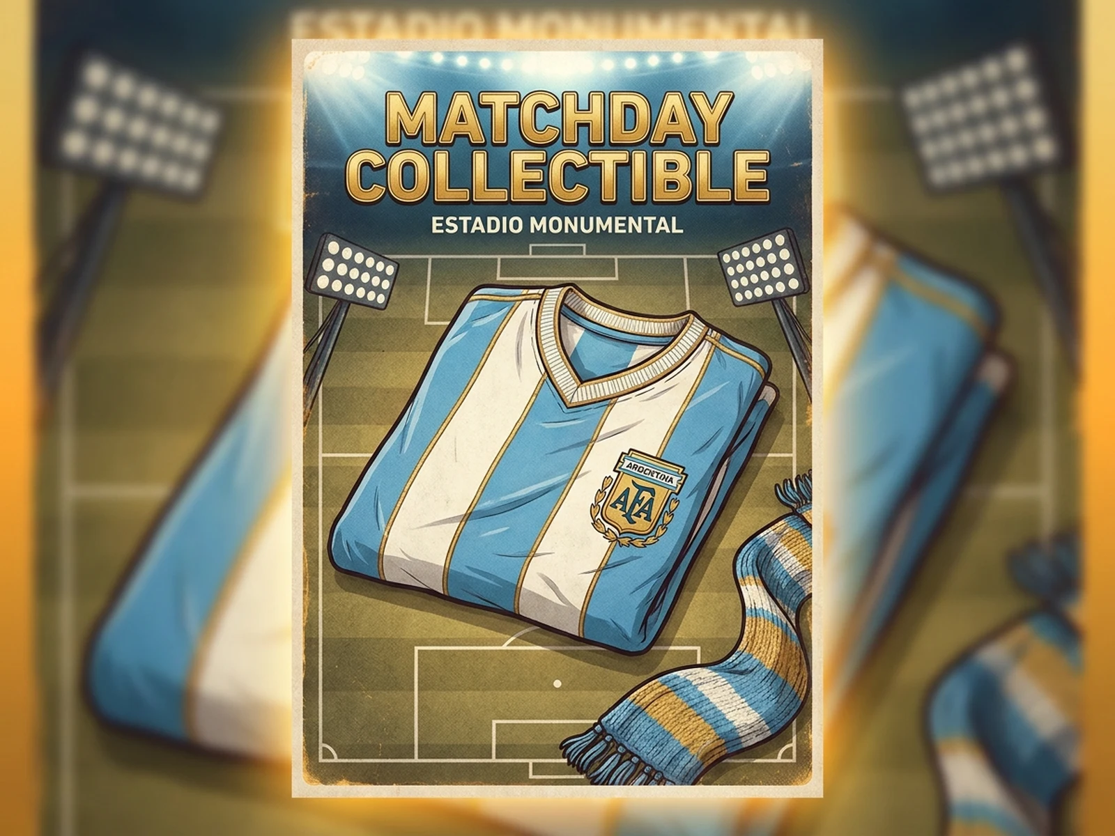 Argentine football inspired jersey concept with sky blue stripes, stadium light, and fan poster energy