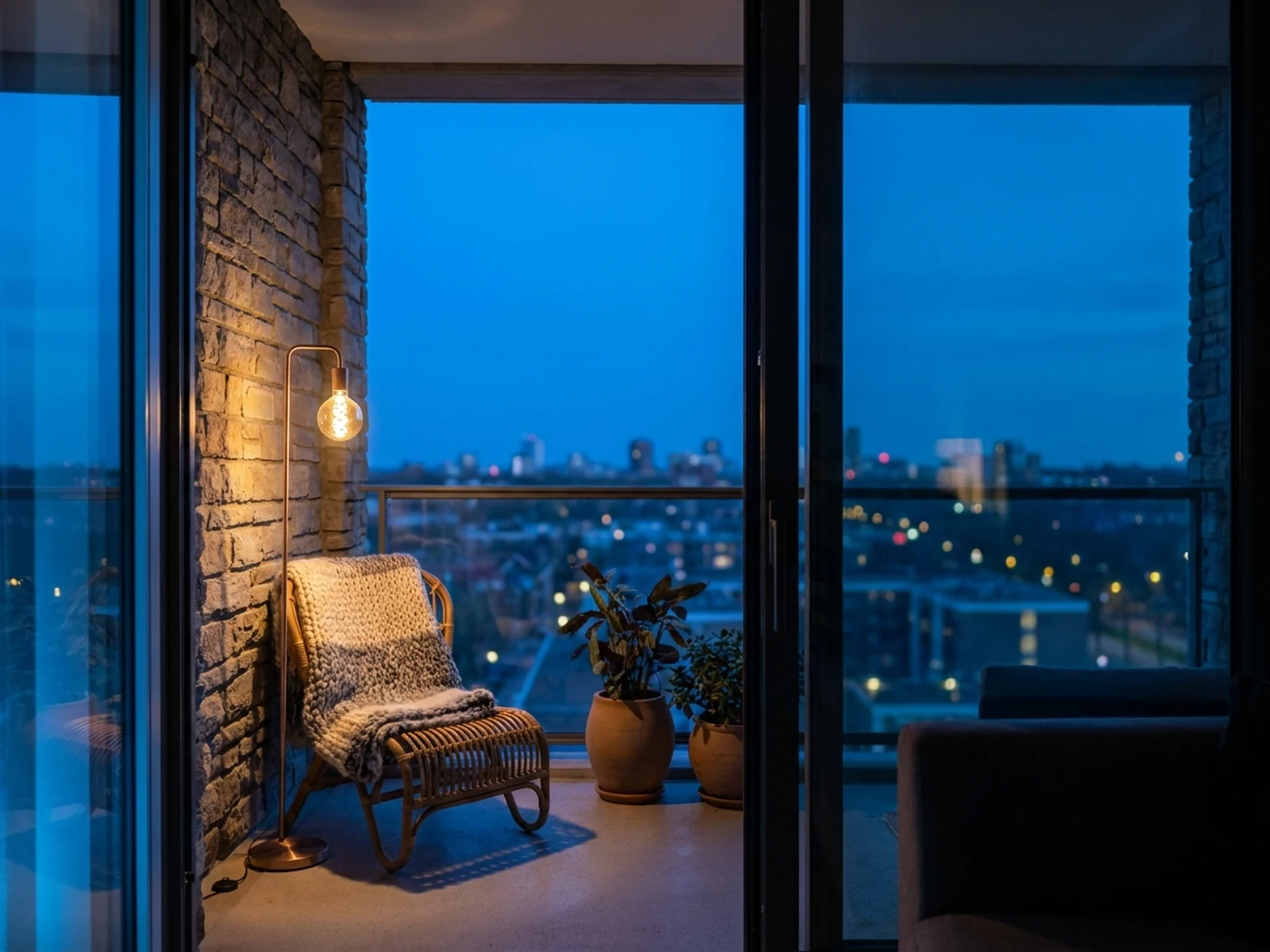 Conceptual urban balcony reading corner at blue hour