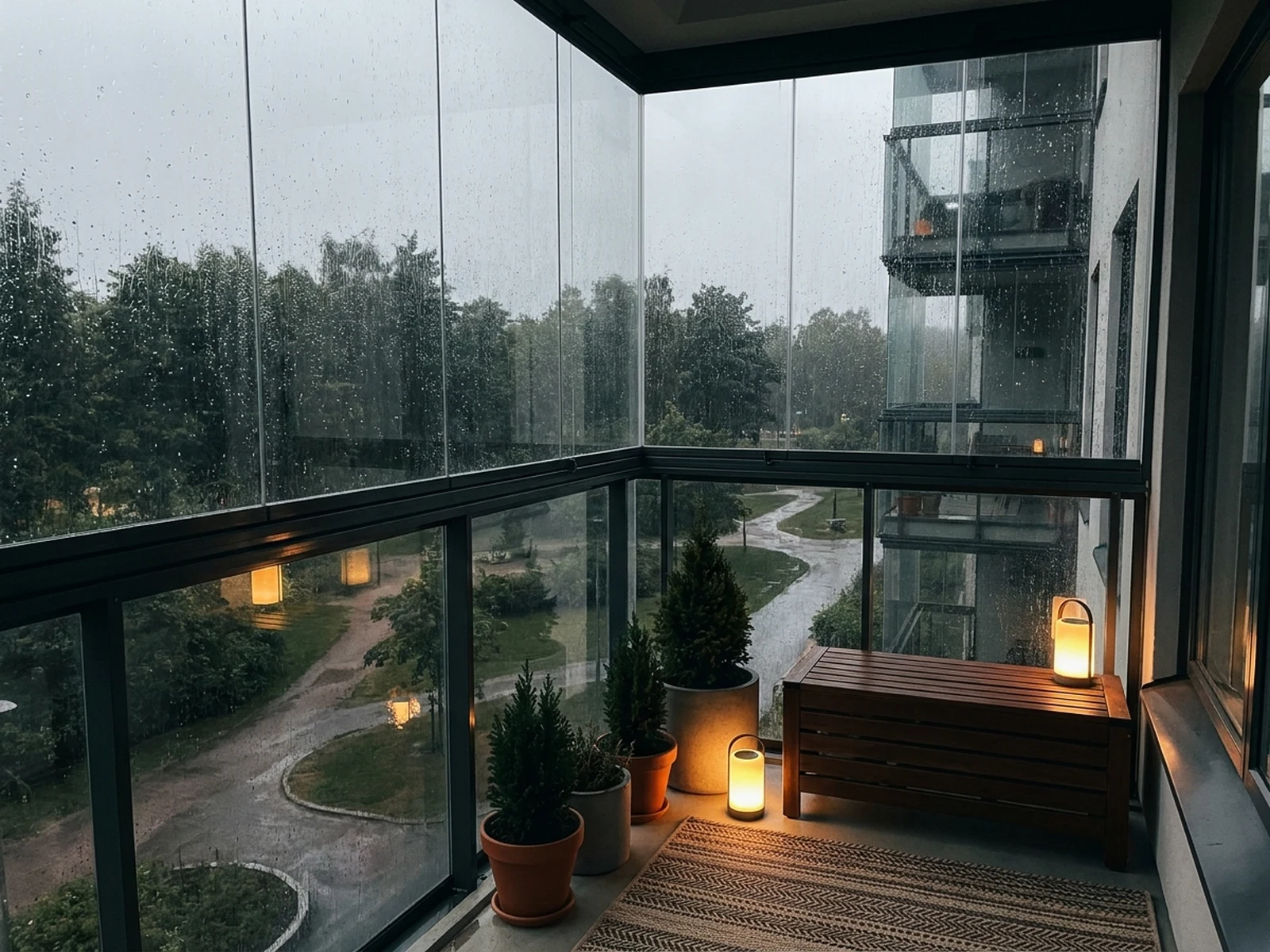 Rainy modern balcony atmosphere concept