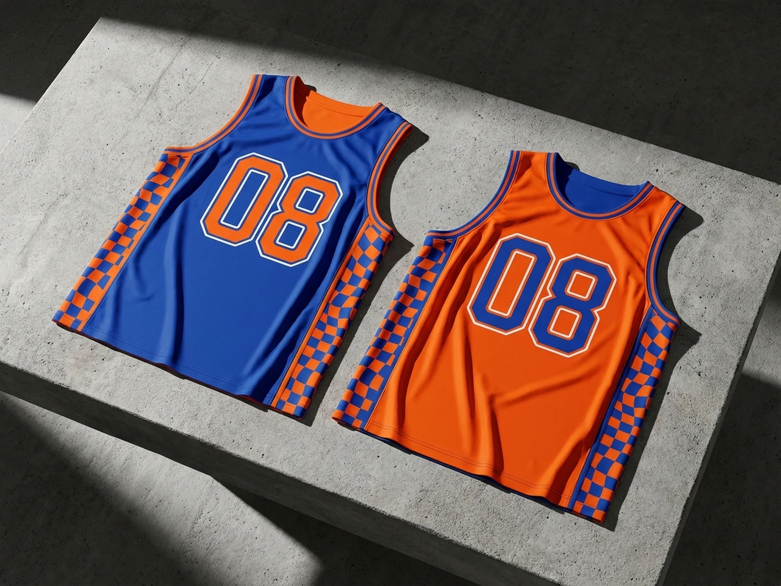Original cobalt and orange reversible basketball jersey layout