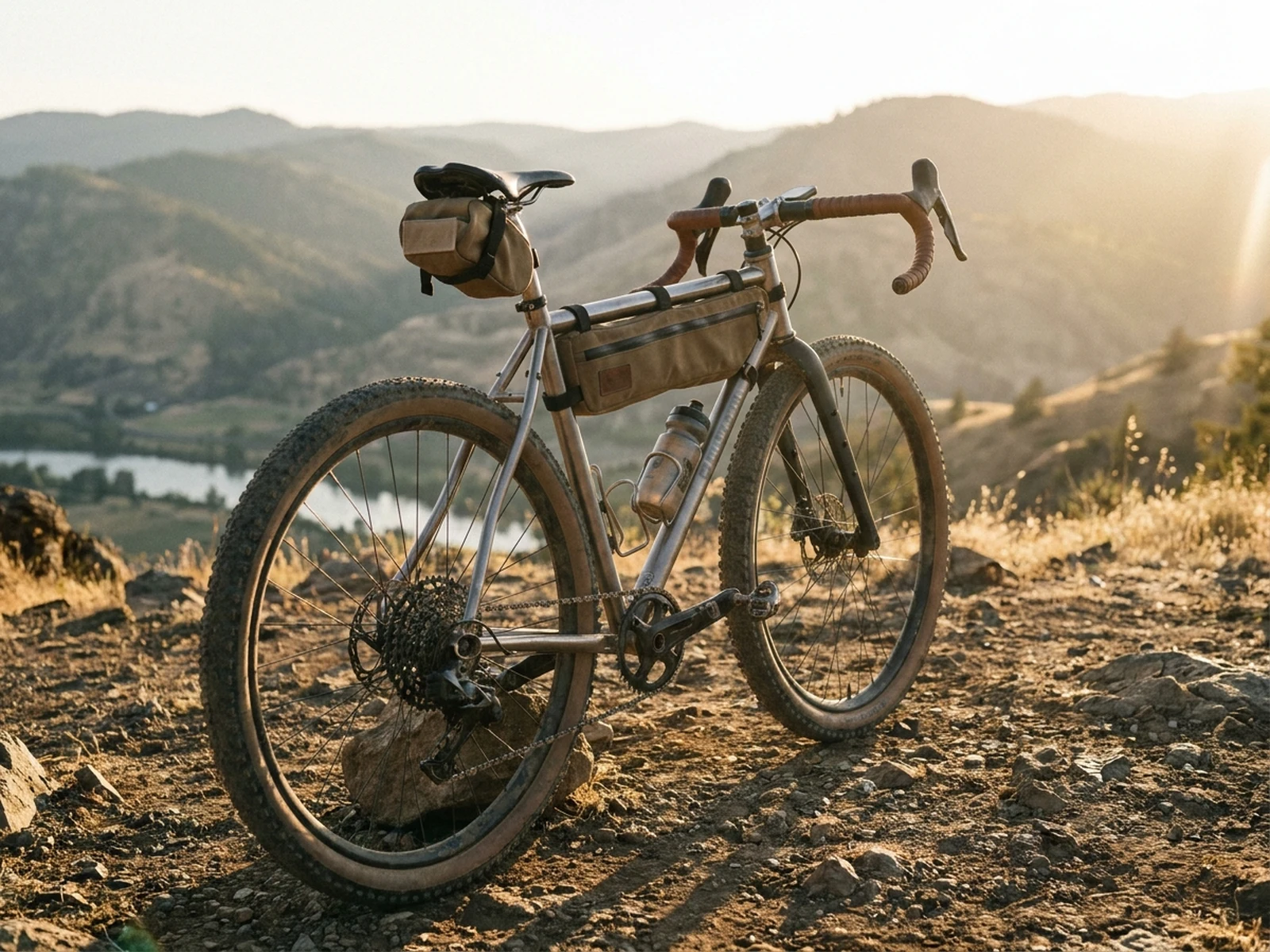 Original brushed titanium gravel bicycle on a rocky trail overlook
