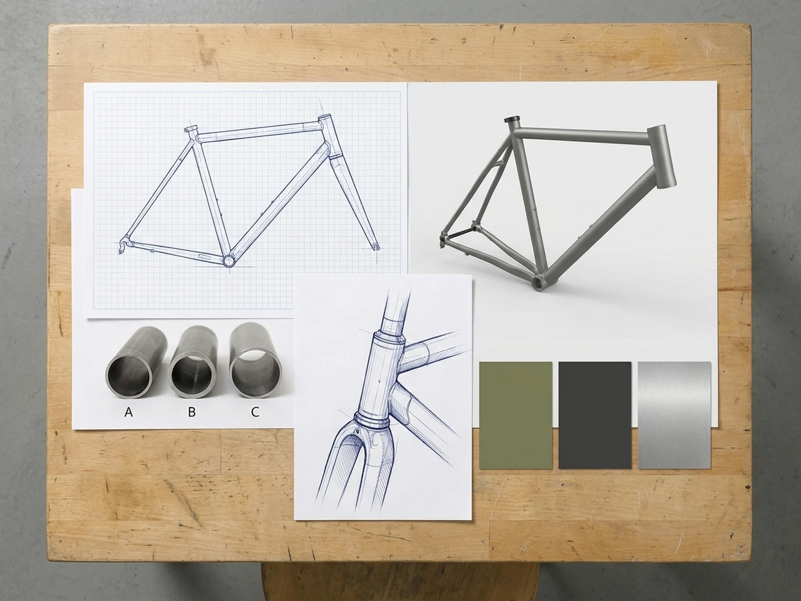Original bicycle frame design board with geometry views and color swatches