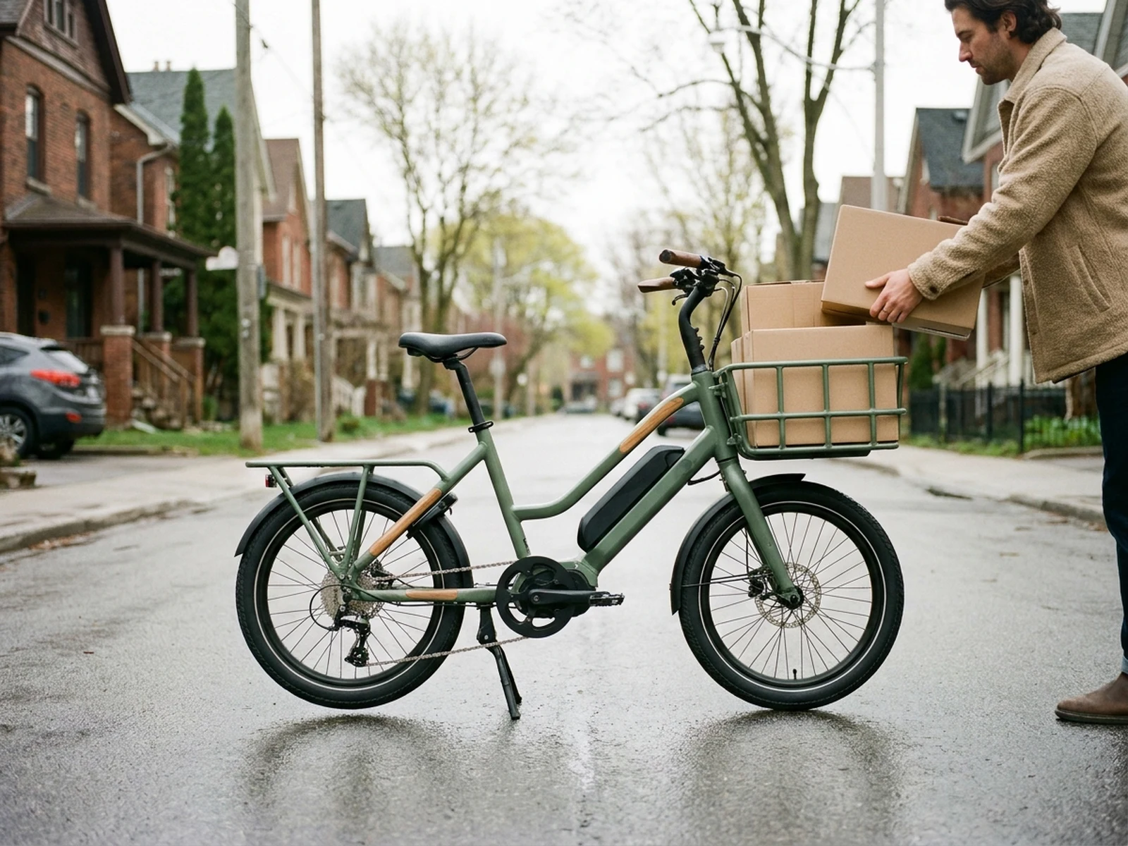Original compact electric cargo bicycle in a neighborhood delivery scene
