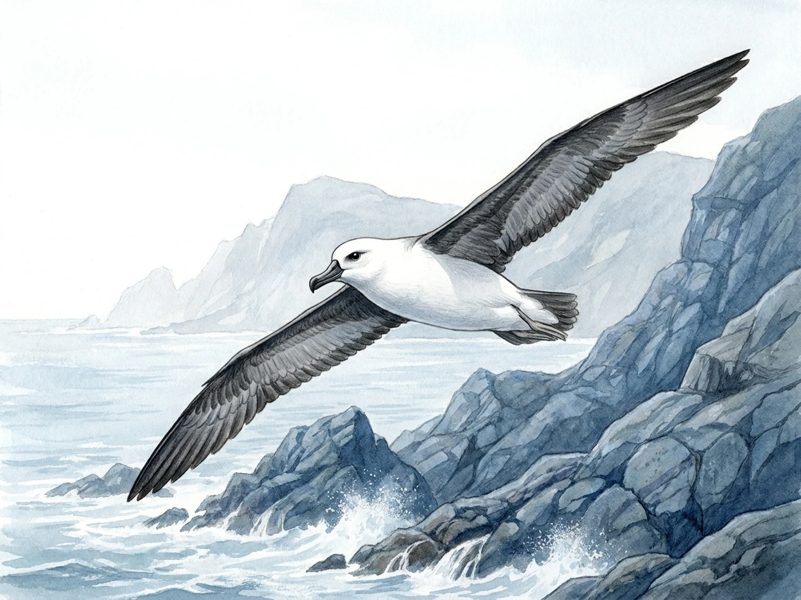 White and charcoal seabird gliding over a rocky blue coastline