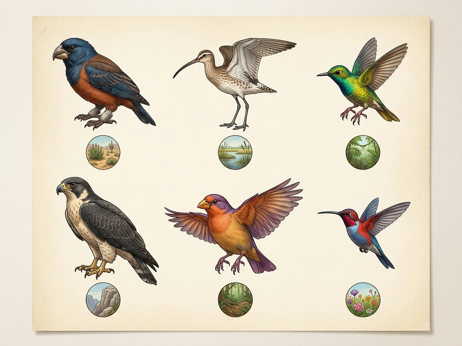 Six original bird species concepts arranged on a natural-history study board