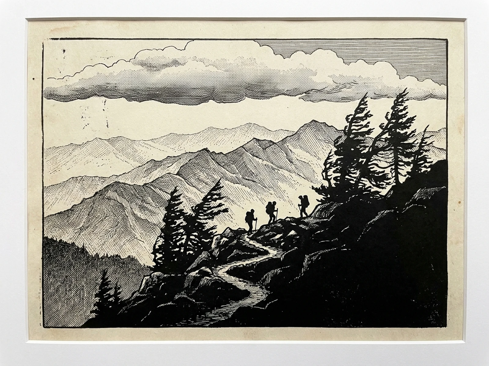 Layered mountain trail scene rendered in black ink