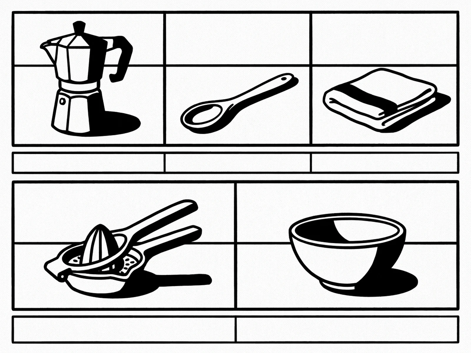 Black and white kitchen object collection illustration