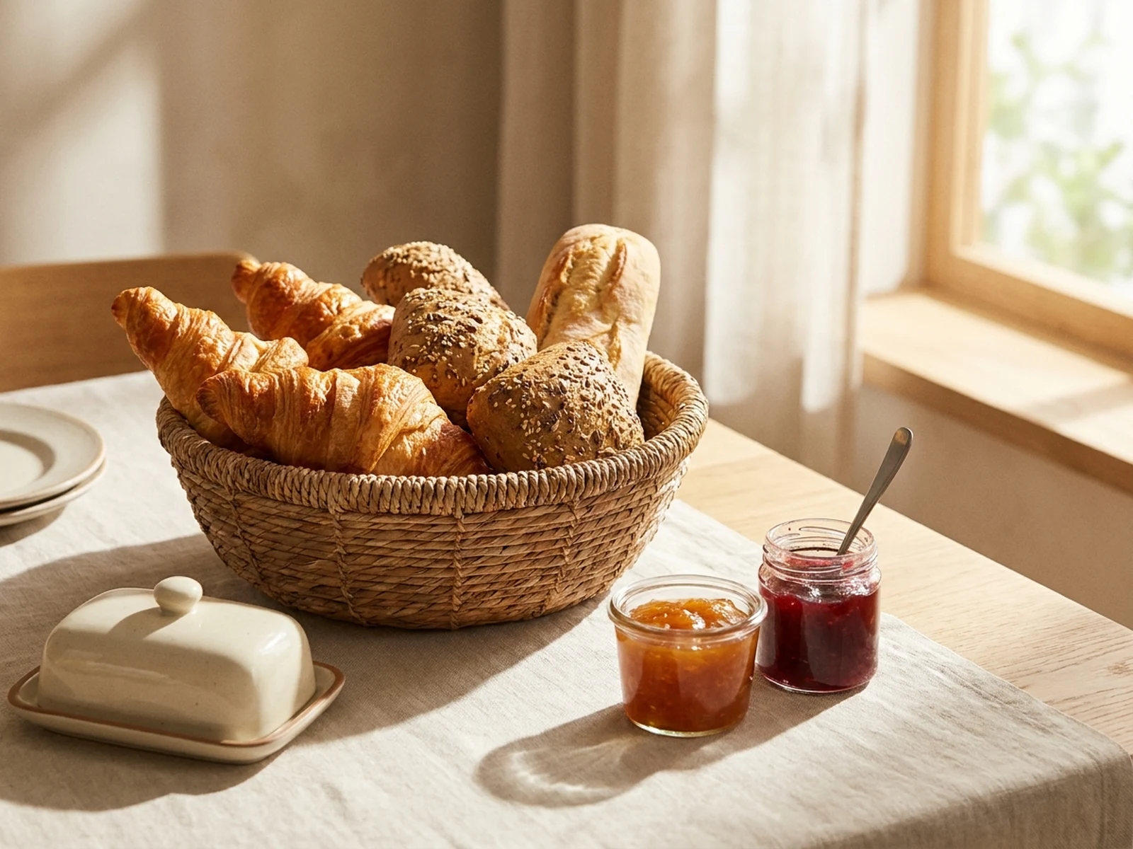 Breakfast basket with croissants, seeded rolls, and baguette in morning light