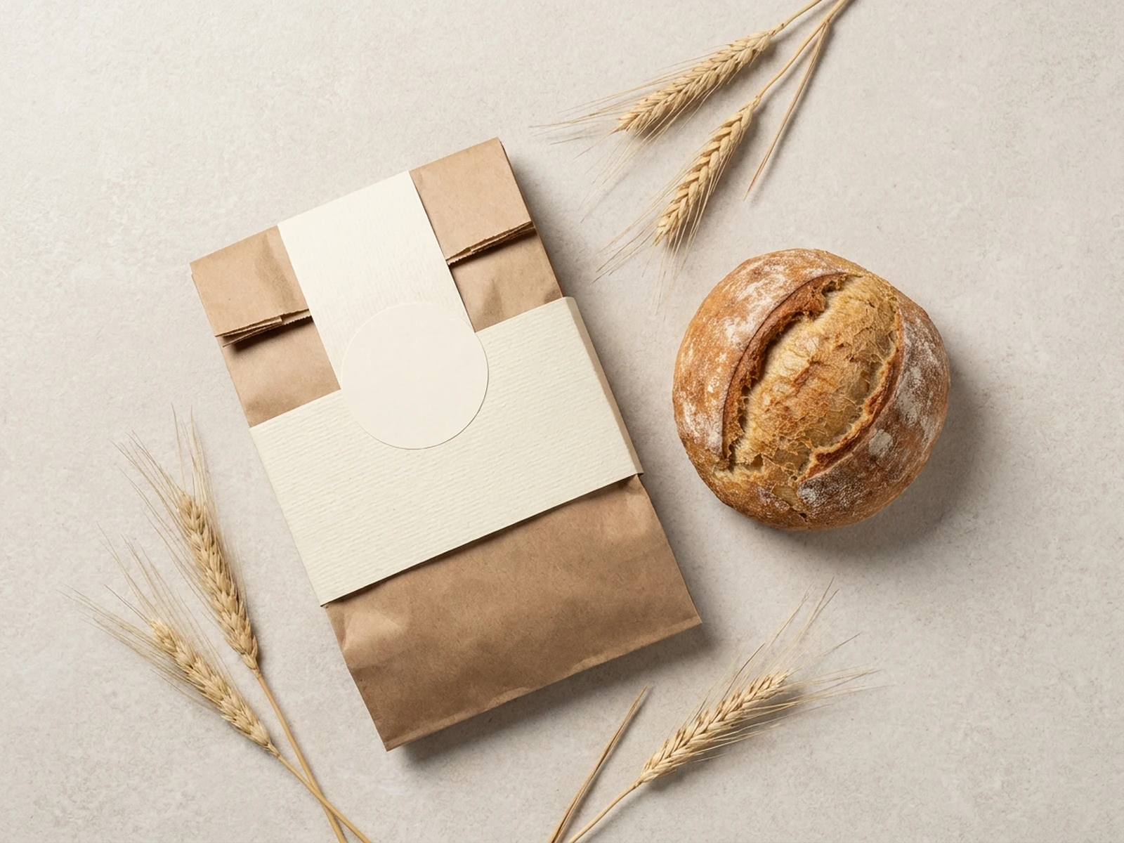 Kraft bread bag and paper sleeve packaging concept with blank label