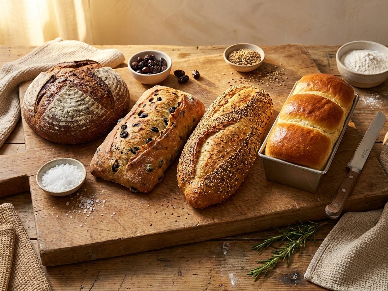 Four artisan breads arranged as a rustic bakery collection
