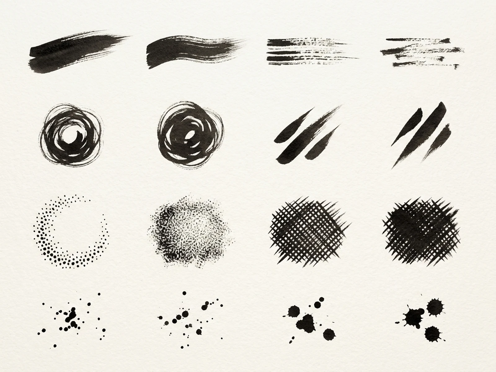 Sixteen original black ink strokes arranged as a clean asset sheet