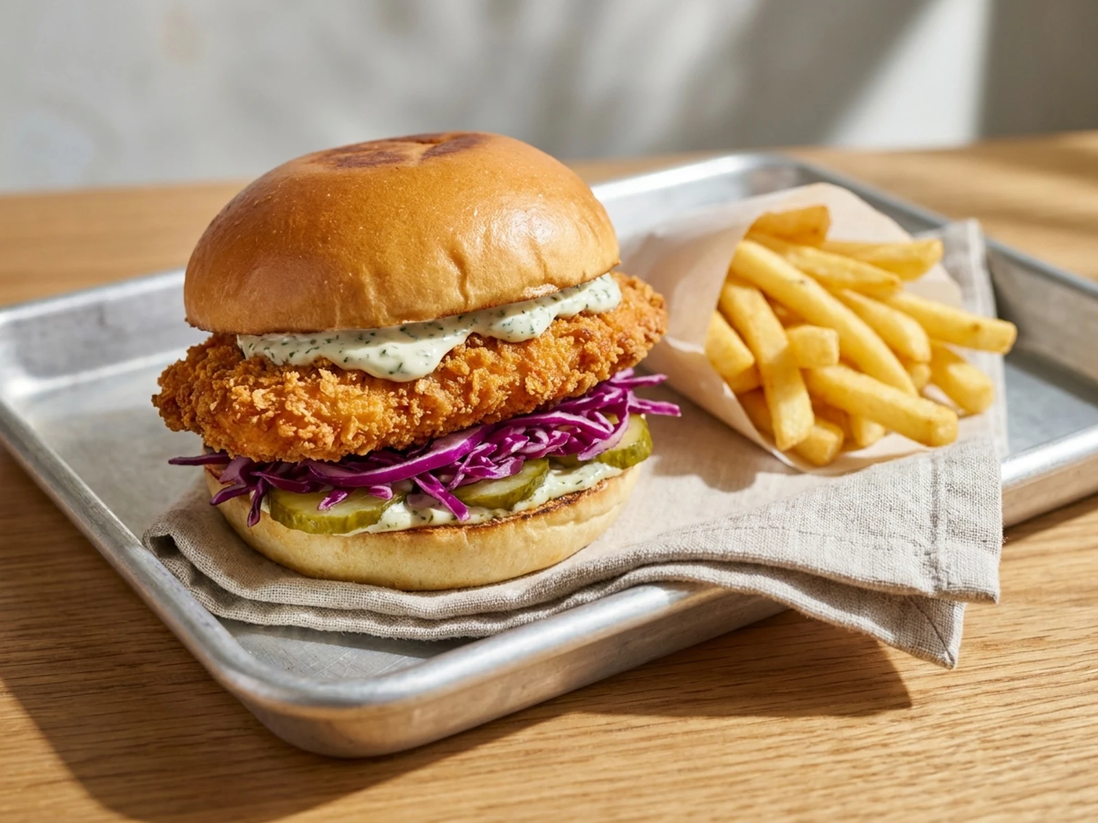 Crispy chicken burger with purple slaw, pickles, and herb sauce