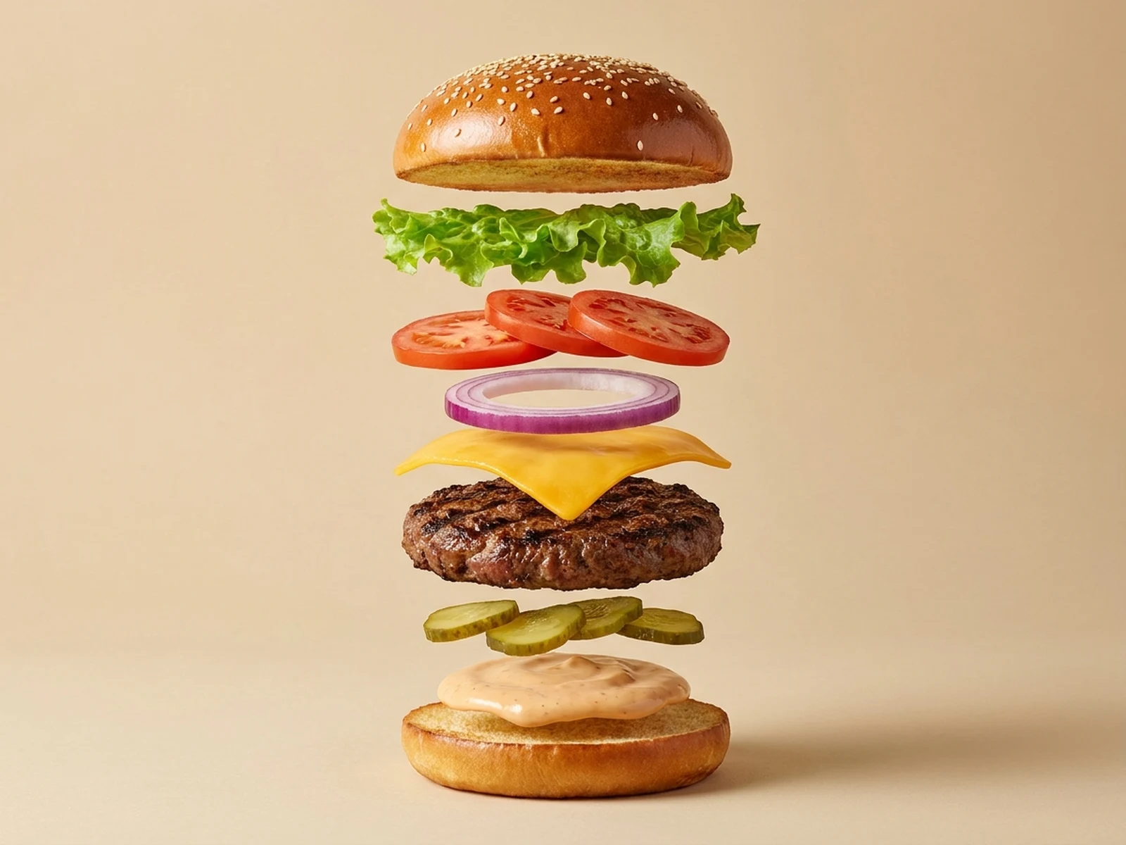 Exploded burger ingredient stack with each layer clearly separated