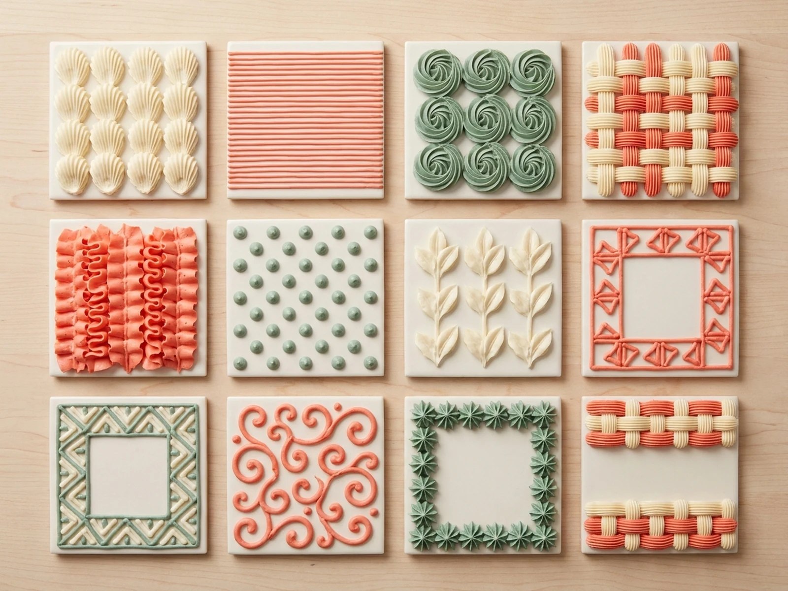 Twelve original buttercream piping techniques on practice tiles