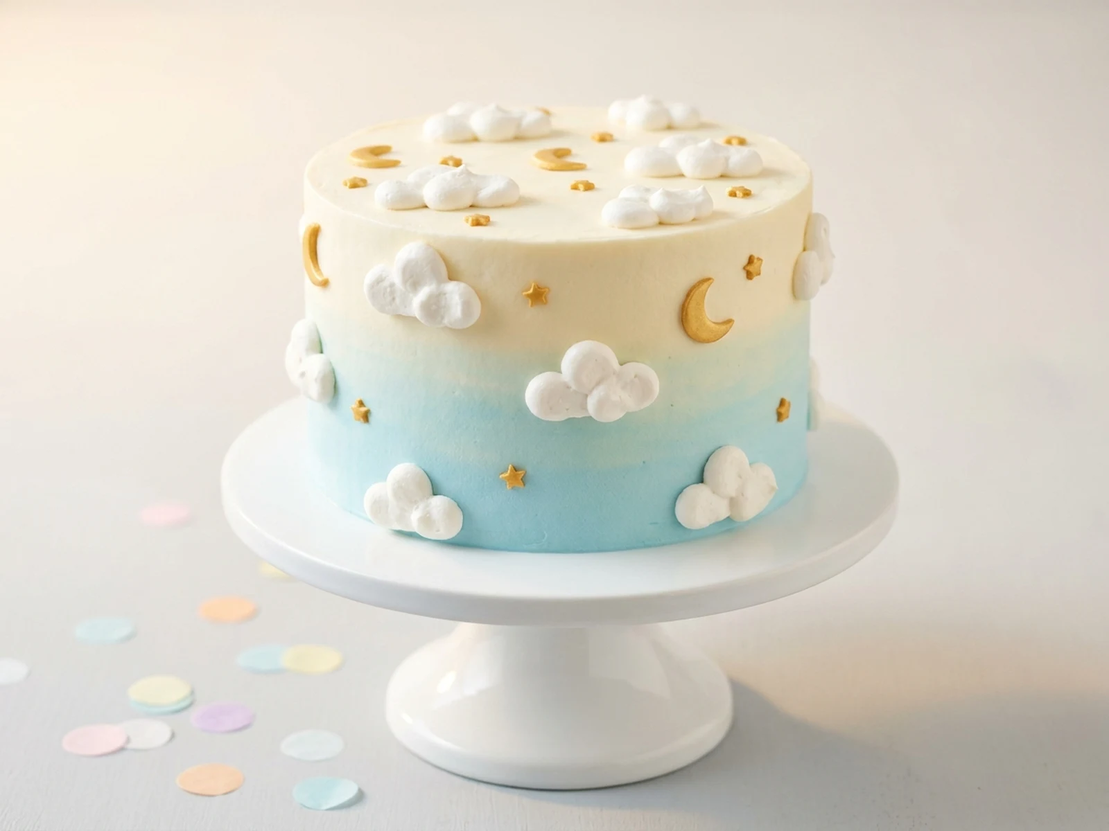 Original family-friendly party cake with edible clouds, stars, and crescent shapes