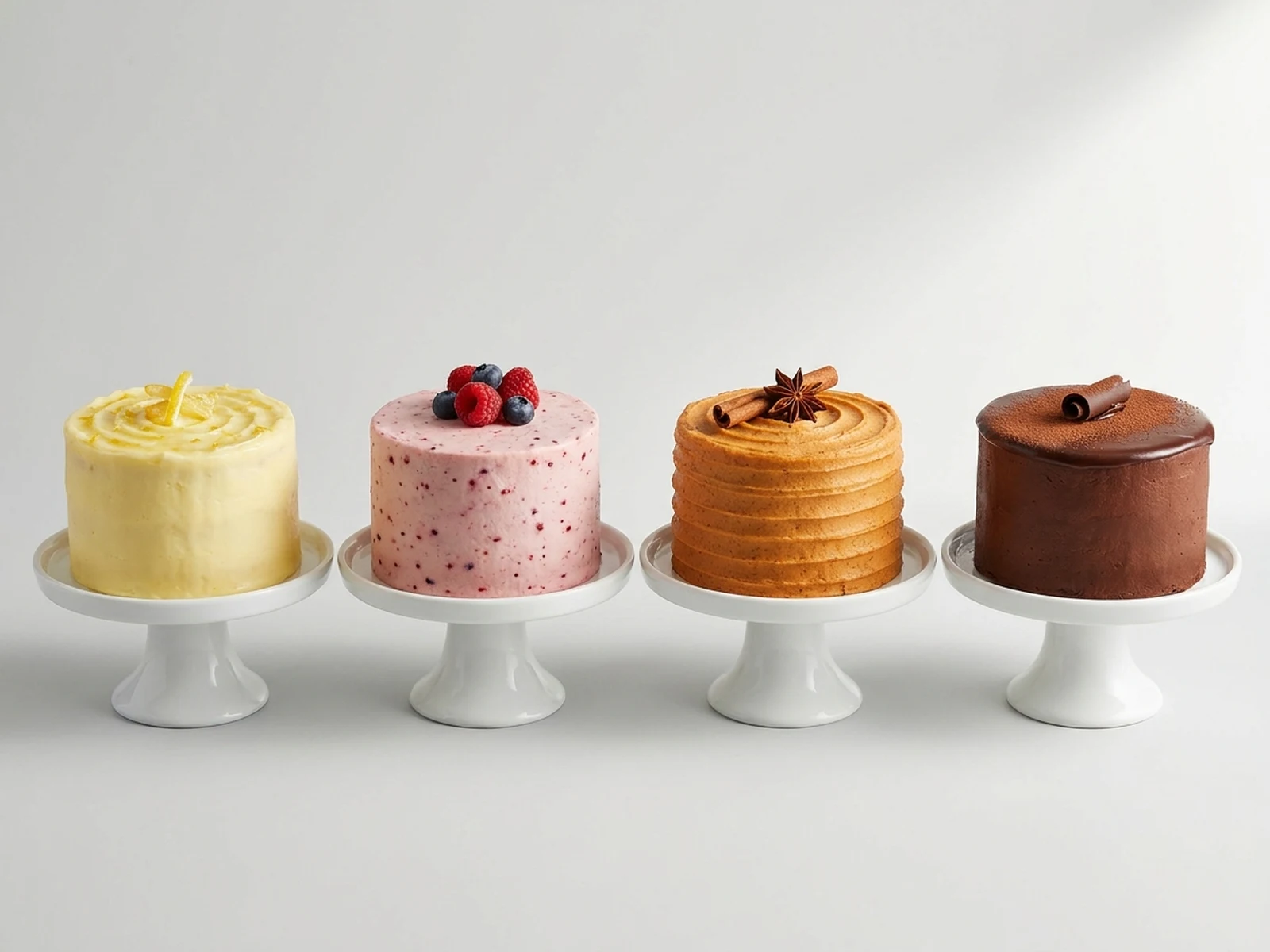 Four original seasonal cake decoration concepts in a coordinated bakery collection