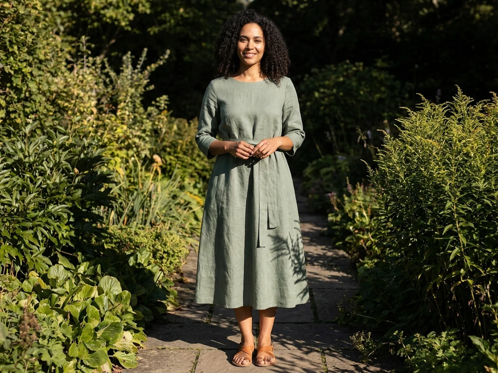Authorized full-body preview of a sage linen day dress