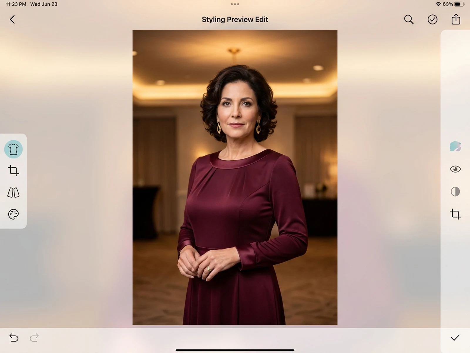 Authorized formal dress edit with source pose preserved