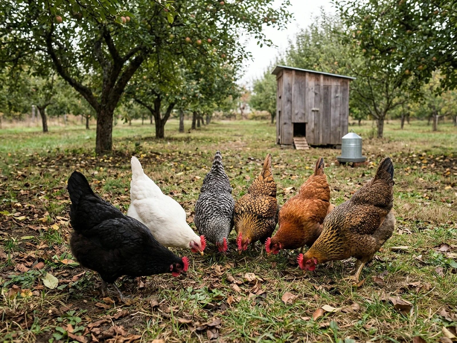 Six varied chickens foraging calmly in a clean orchard