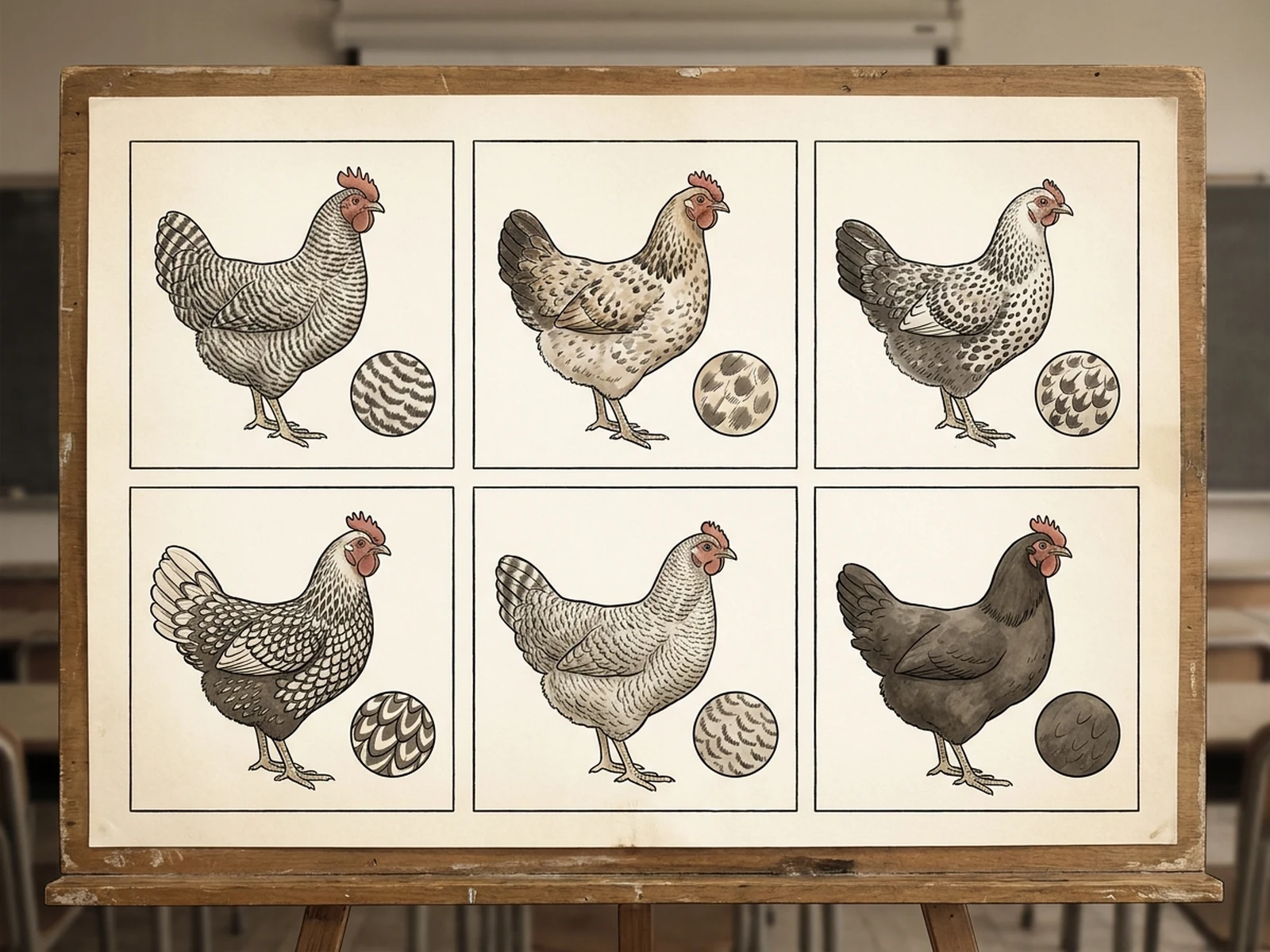 Six original chicken plumage and silhouette studies on an educational board