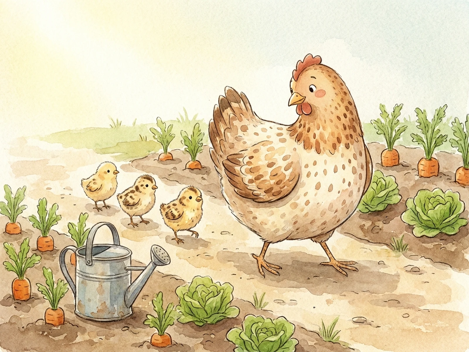 Original speckled hen leading three chicks in a gentle storybook farm scene
