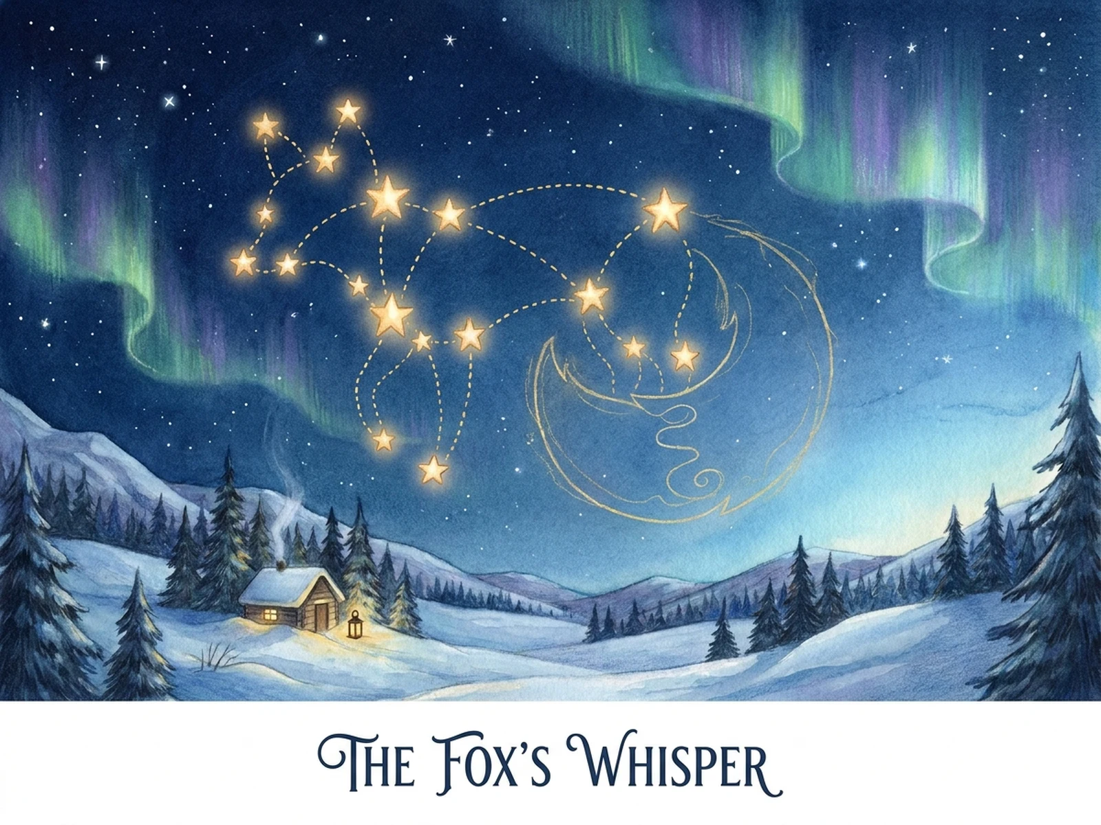 Fictional fox constellation over a snowy illustrated valley