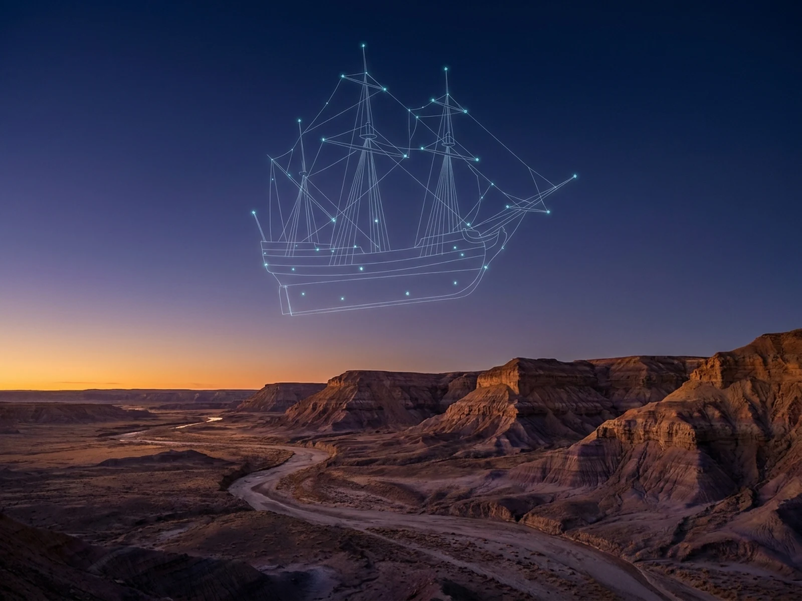 Fictional sailing vessel constellation above desert mesas