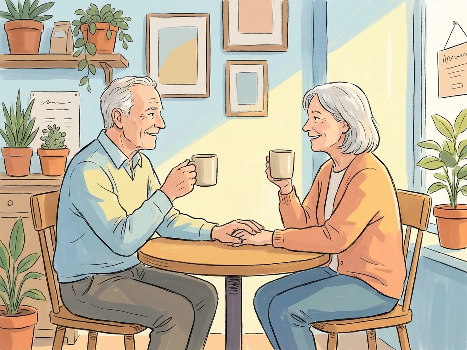 Original adult couple sharing a cozy cafe moment in cartoon style