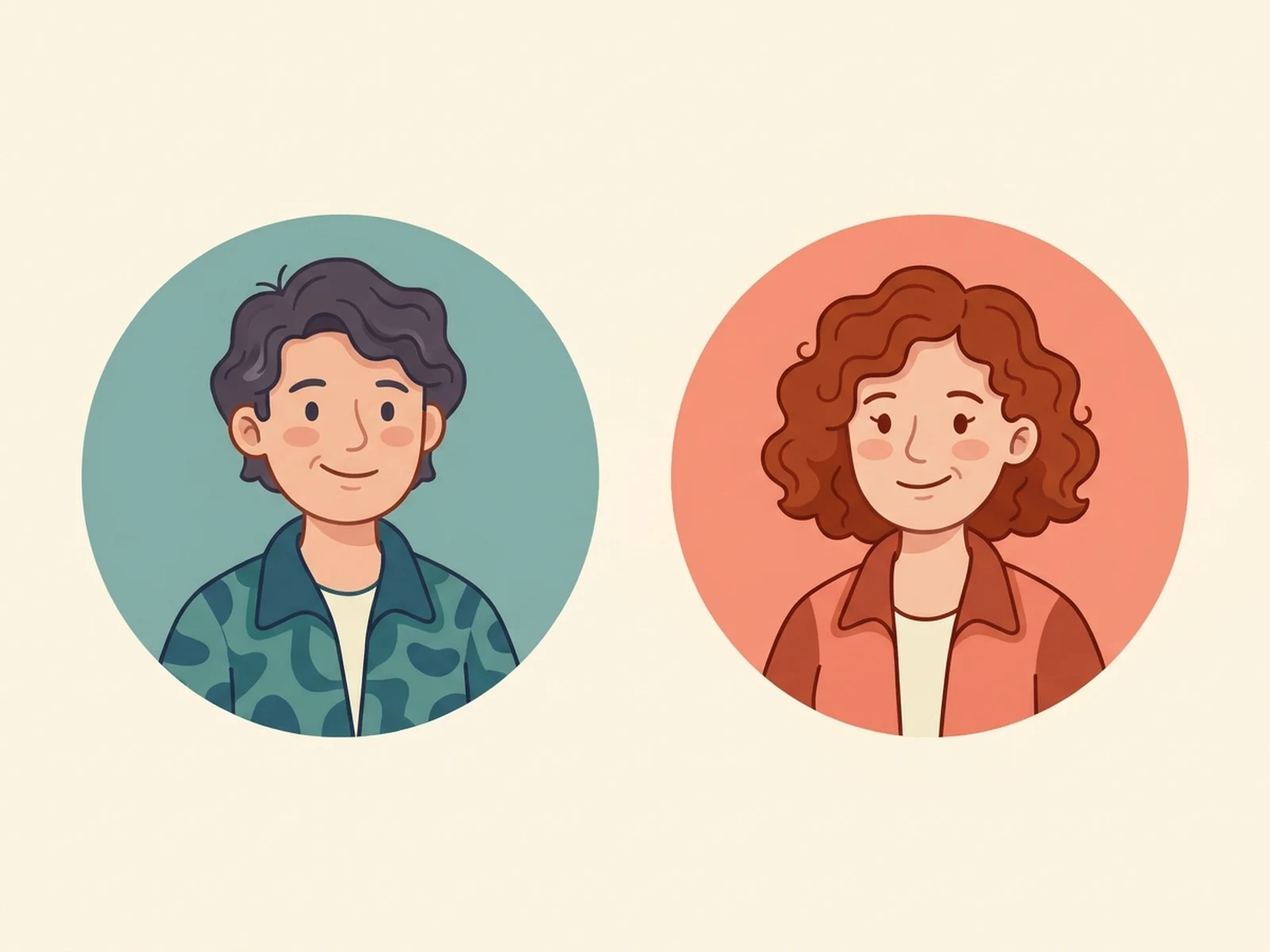 Two coordinated original adult cartoon avatars with complementary colors