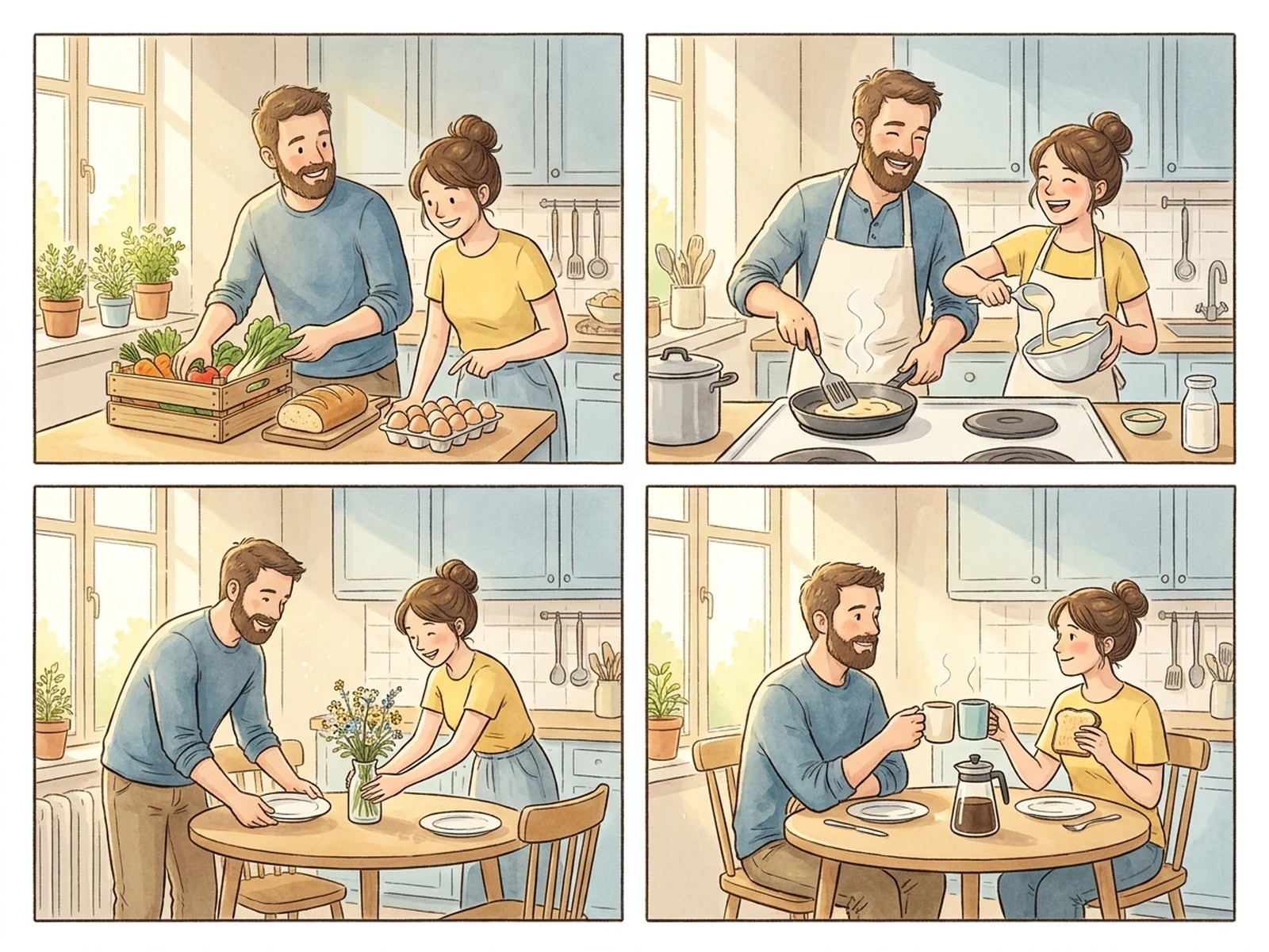 Four-panel cartoon of an original adult couple preparing breakfast together