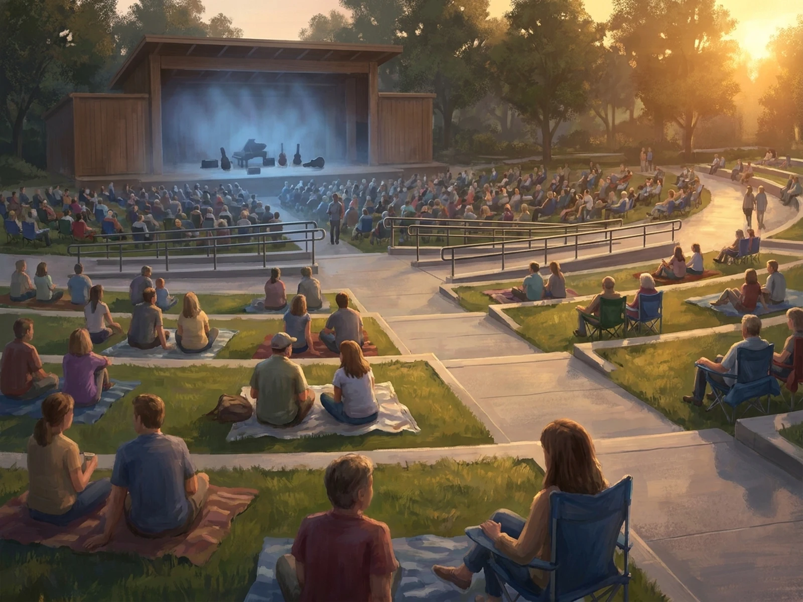 Fictional adult audience at an original outdoor jazz event