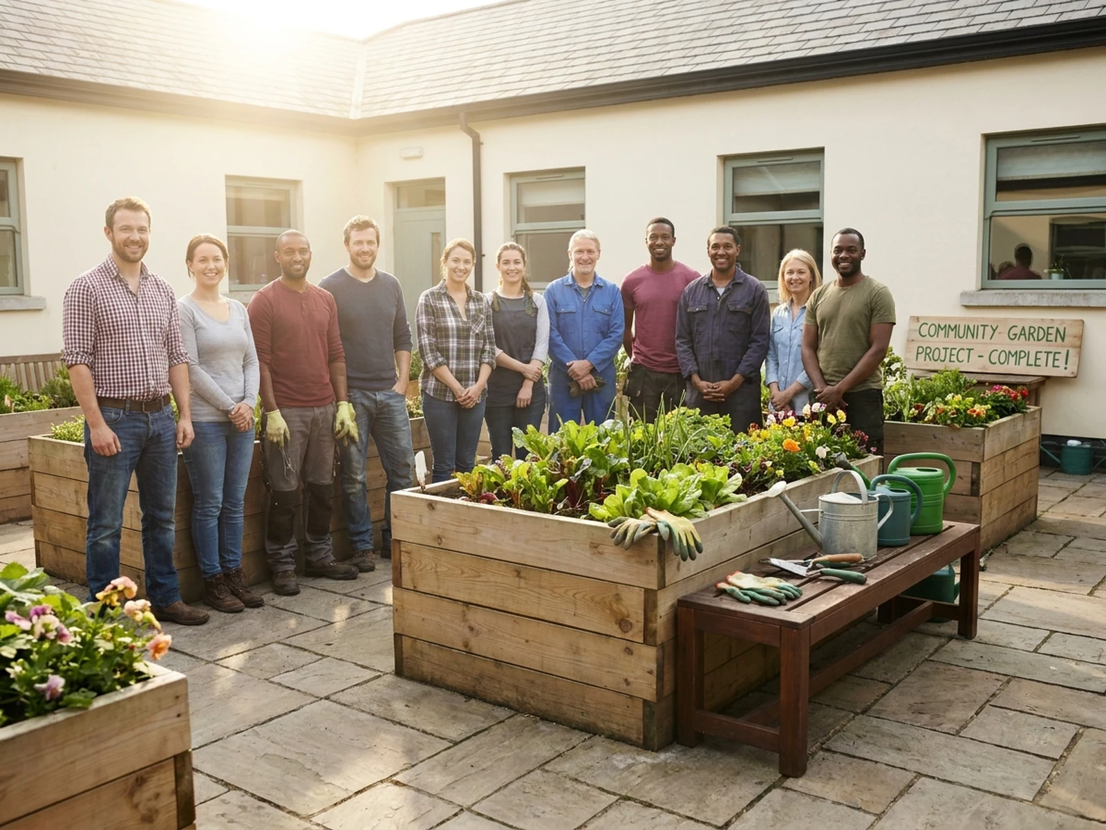 Authorized adult team gathering around a completed community garden