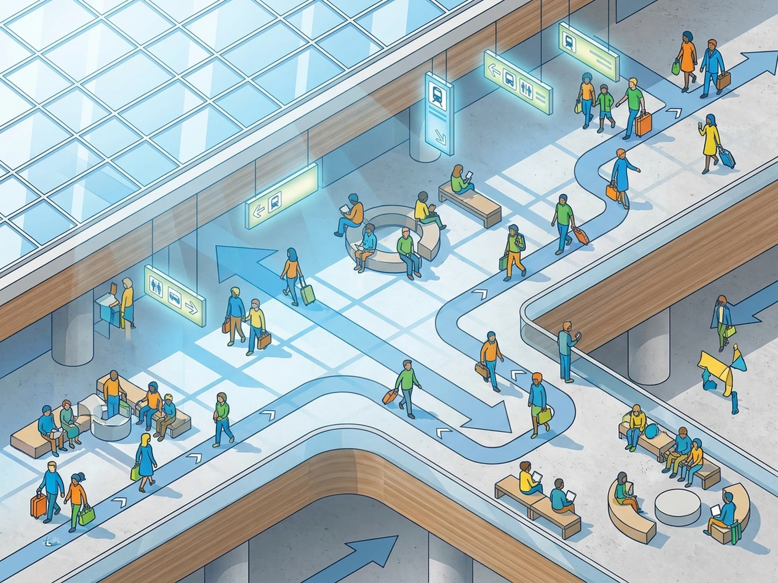 Stylized fictional transit crowd organized as non-identifiable figures