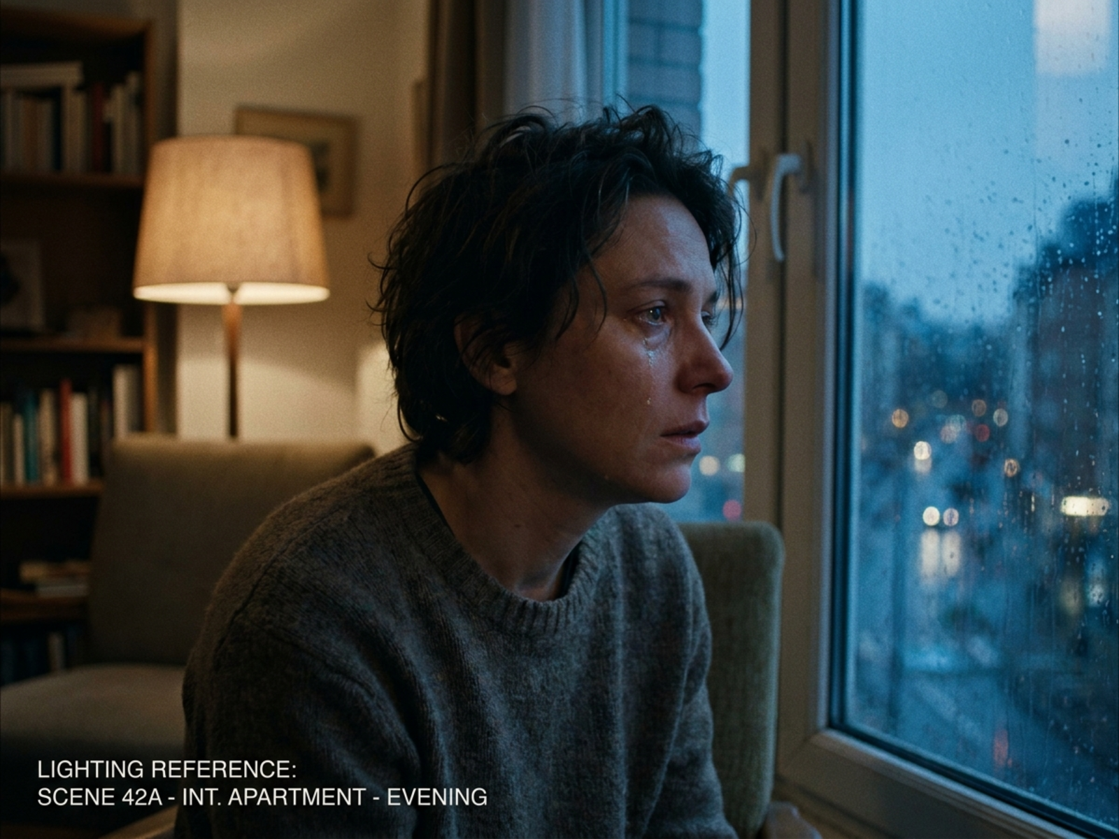 Restrained fictional crying close-up beside a rain-speckled window