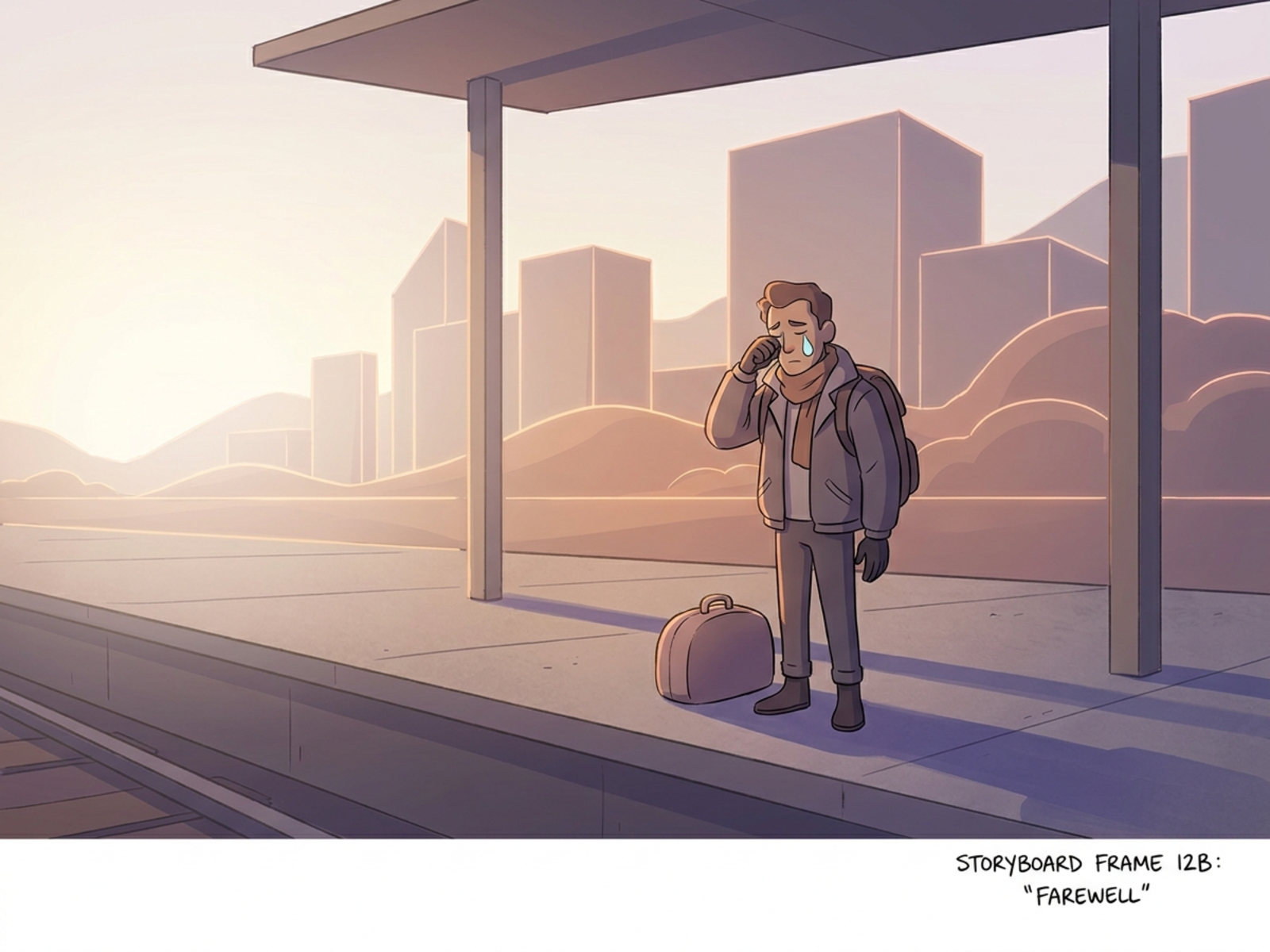 Animated storyboard character wiping tears on a simple train platform