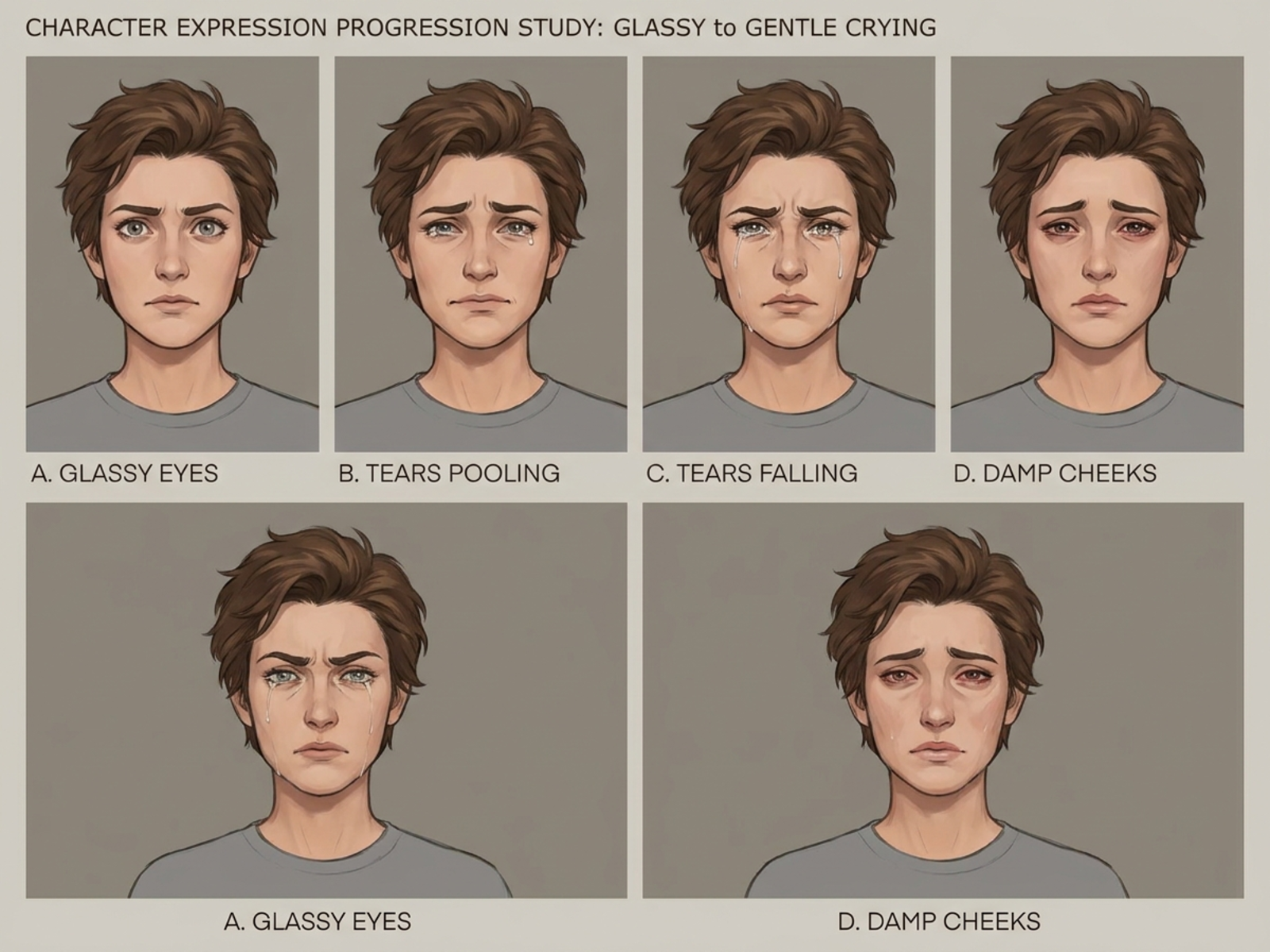Four-stage crying expression reference sheet for an original adult character